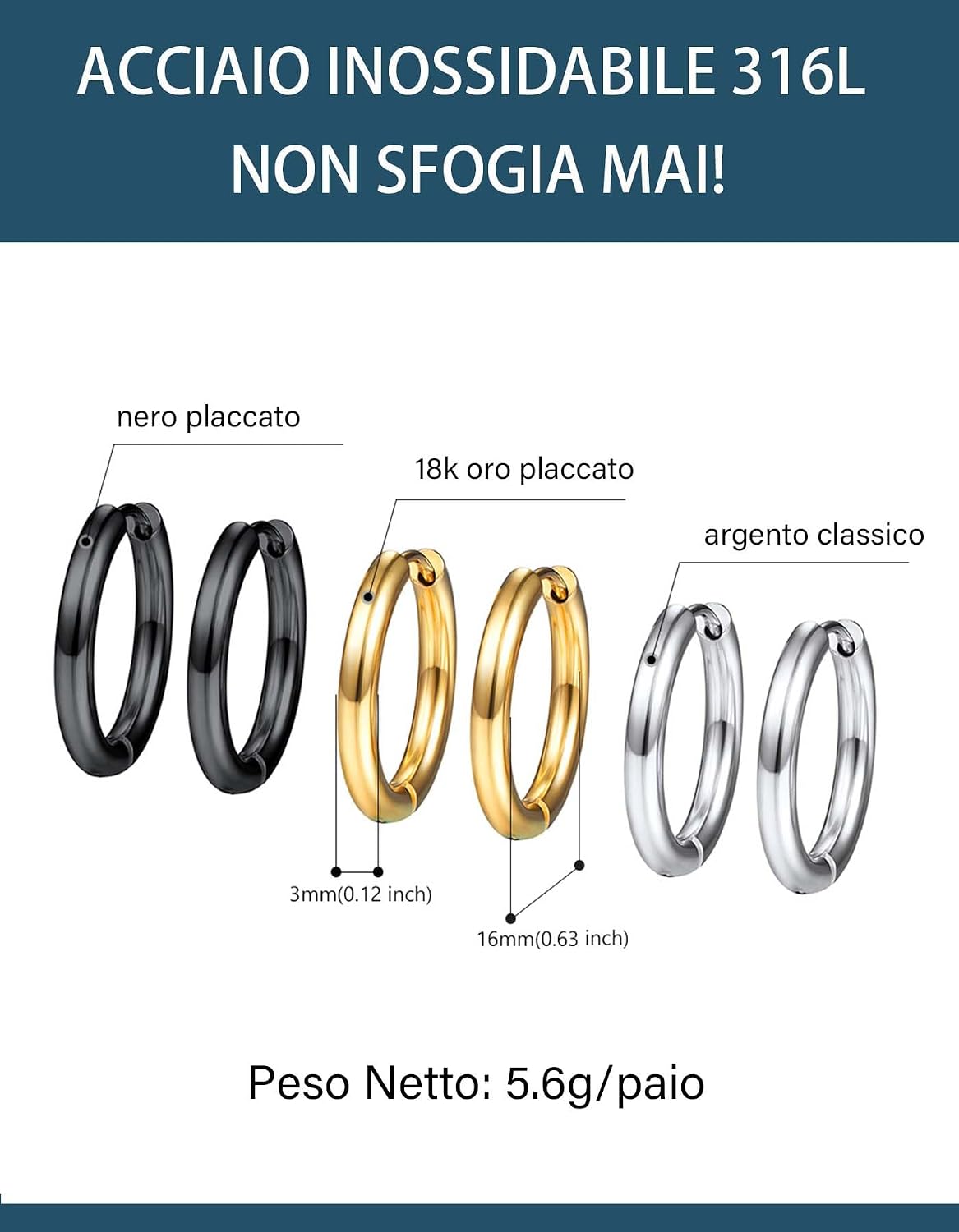 Detalle de Set di orecchini a cerchio PROSTEEL in acciaio 316L placcato oro e nero (3 o 4 pezzi)