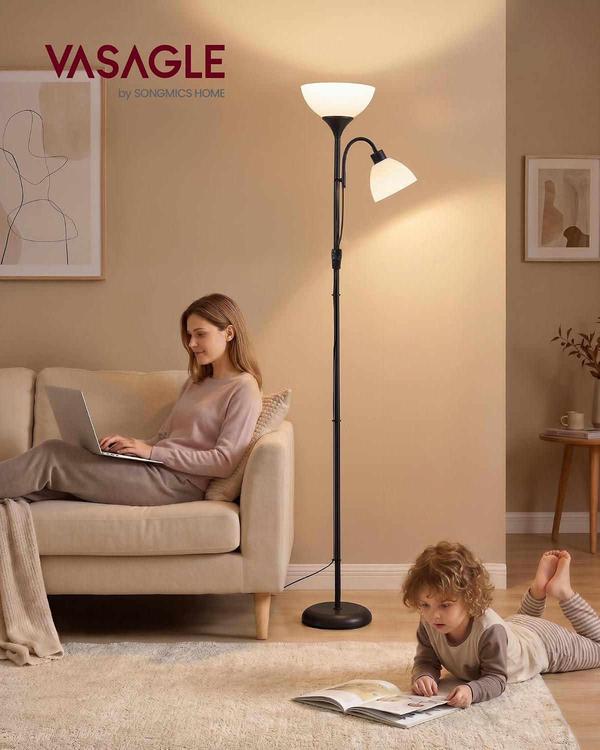 Detalle 2 de VASAGLE Lampada da Terra con Braccio Regolabile Lusia LFL019B102: stile moderno e illuminazione versatile per living e ufficio