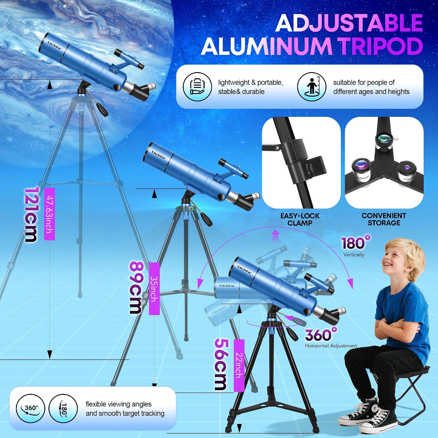 Detalle de UncleHu Telescopio astronomico 90/550 mm con sgabello pieghevole, treppiede e adattatore smartphone, 22X-165X