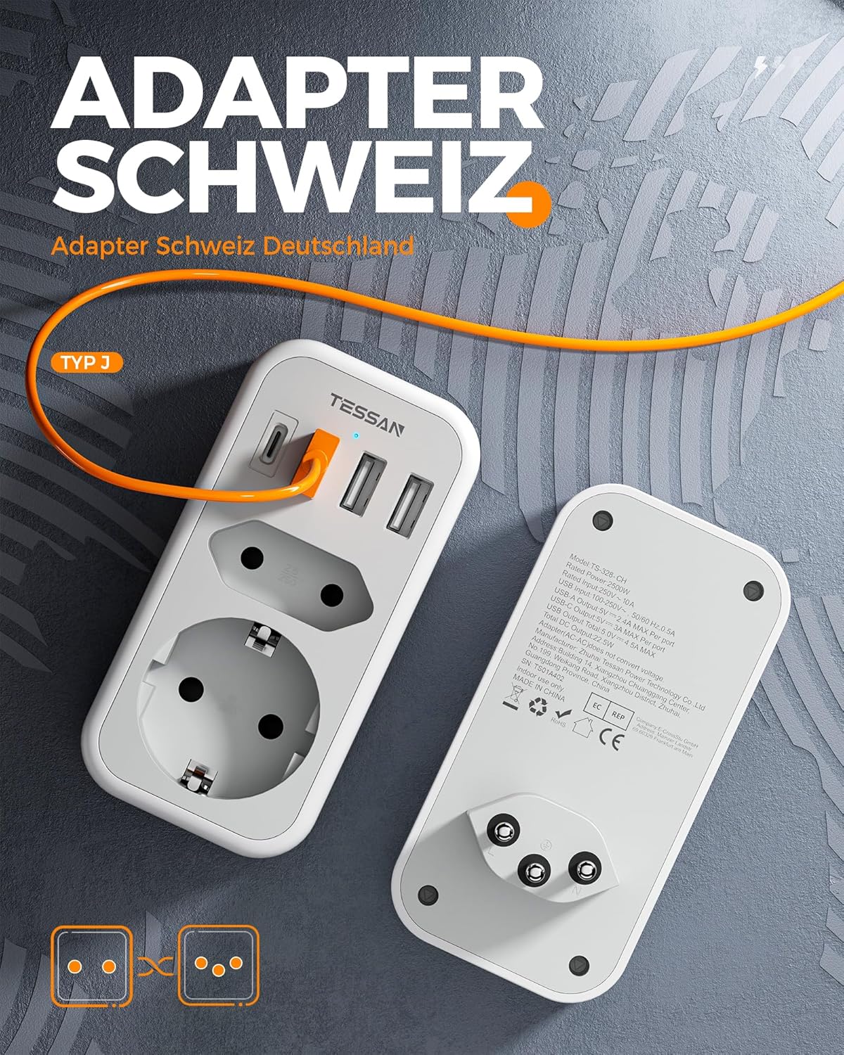 Thumbnail 1 de TESSAN Adapter Schweiz Deutschland 6-in-1: USB-C + 3 USB-A, Reisestecker Typ J