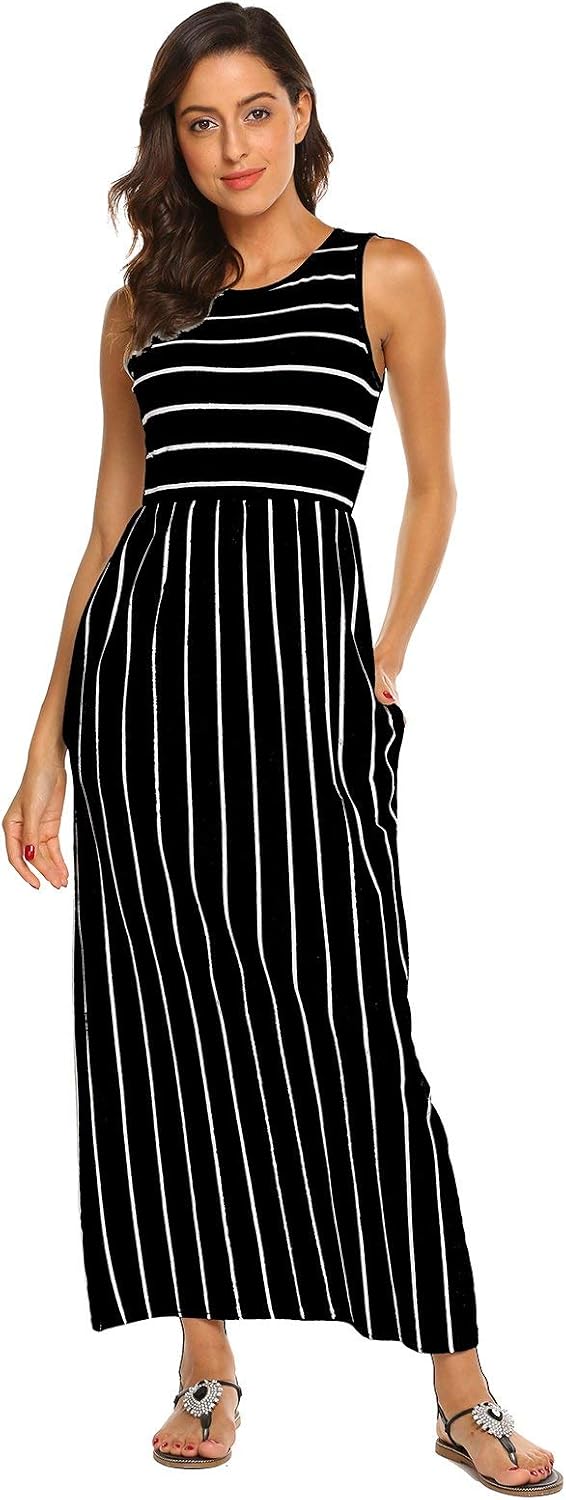 Detalle de BDTECAOR Maxikleid Damen Sommer Boho ärmellos mit Taschen – tanktopartiges Strandkleid mit elastischem Bund