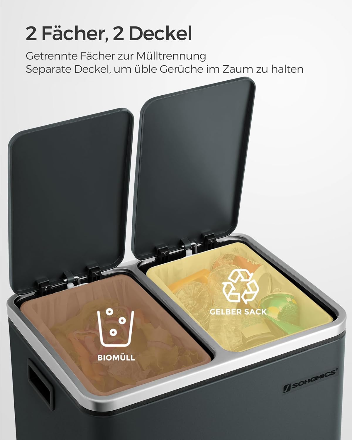 Detalle 2 de SONGMICS Mülleimer Küche 2 x 15 Liter – langlebiges Mülltrennsystem mit Fußpedal, Softclose-Deckel und 15 Müllbeutel, grüngrau LTB30GS