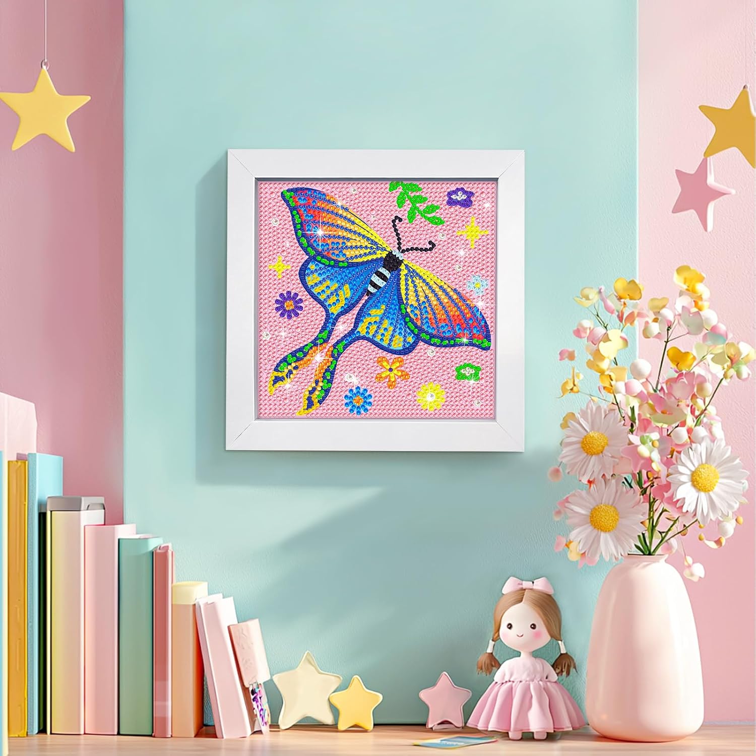 Detalle de jieyisier Motte Luna Diamond Painting 15x15 cm mit Holzrahmen – Bunte Schmetterlinge, Anfängerfreundlich