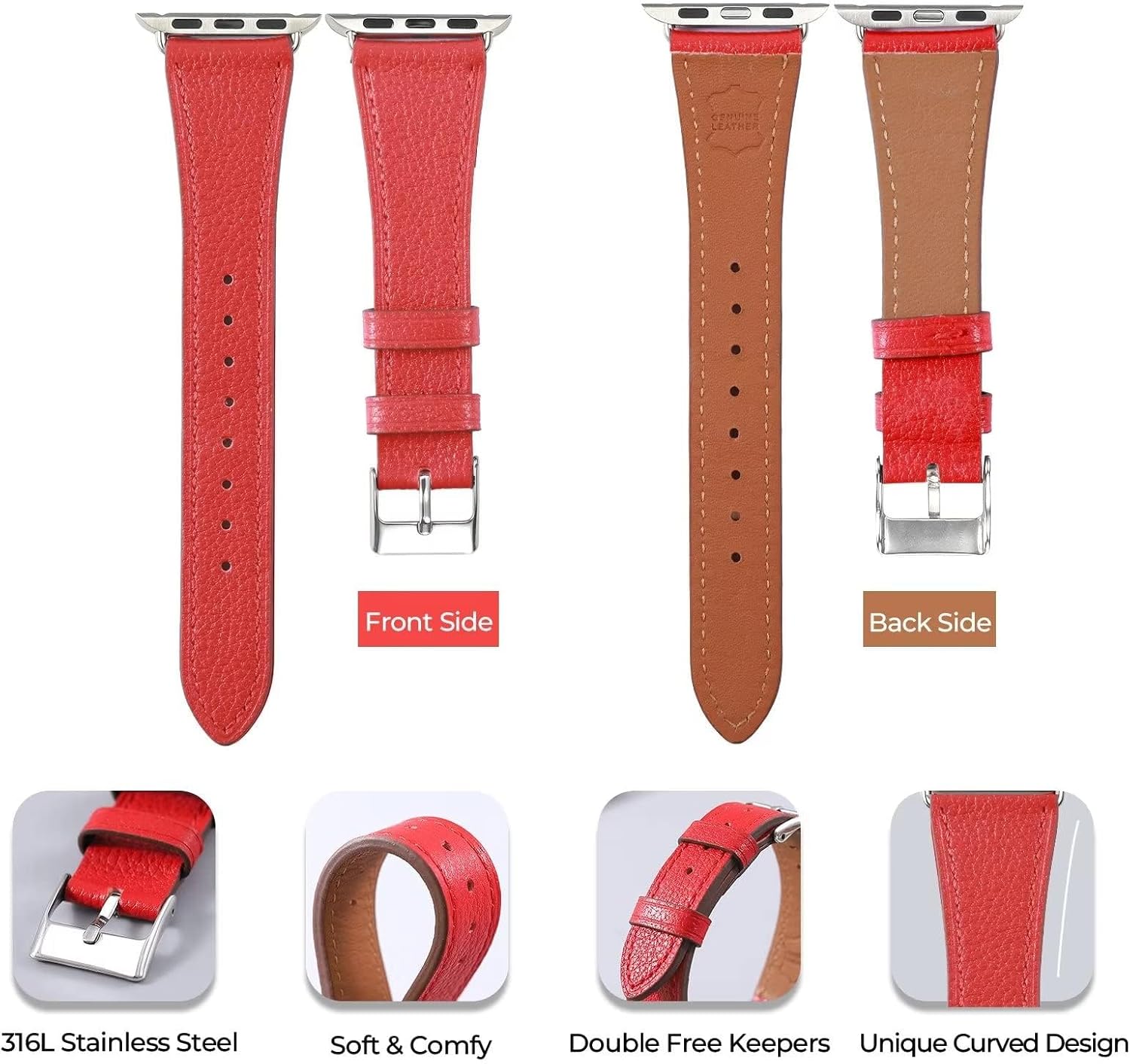Thumbnail 2 de AoYi Italian Genuine Leather Straps for Apple Watch – Slim Leather Band for 38–49mm Models, Includes 316L Buckle
