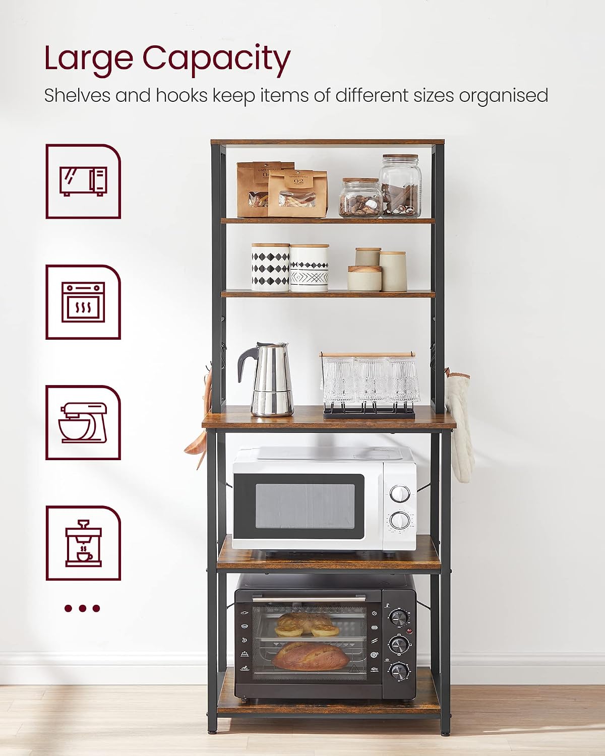 Detalle de VASAGLE BARNET KKS024B01 6-Tier Kitchen Rack with Adjustable Shelf and Hooks