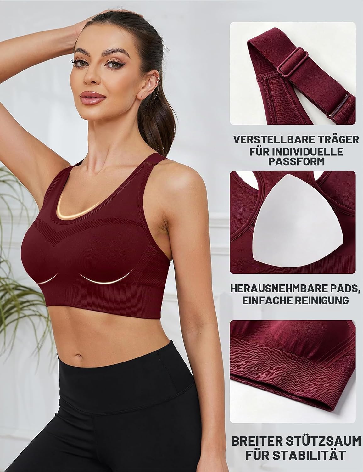 Detalle de Litherday Sport-BH Damen Push-Up ohne Bügel – Starker Halt, abnehmbare Polster