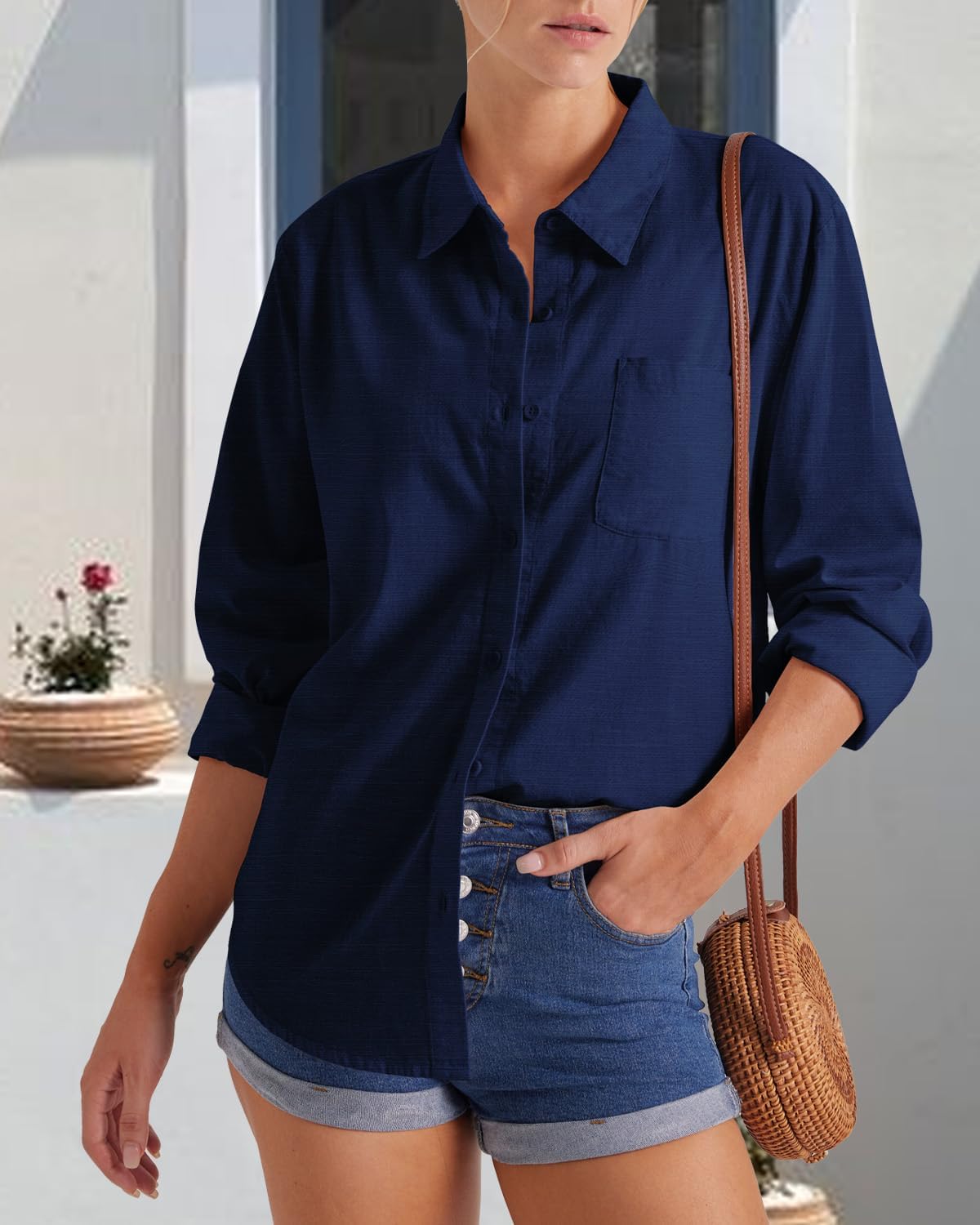 Thumbnail 1 de Friptspyg Donna: Camicia da donna in cotone con maniche lunghe, scollo a V e chiusura a bottoni – vestibilità ampia