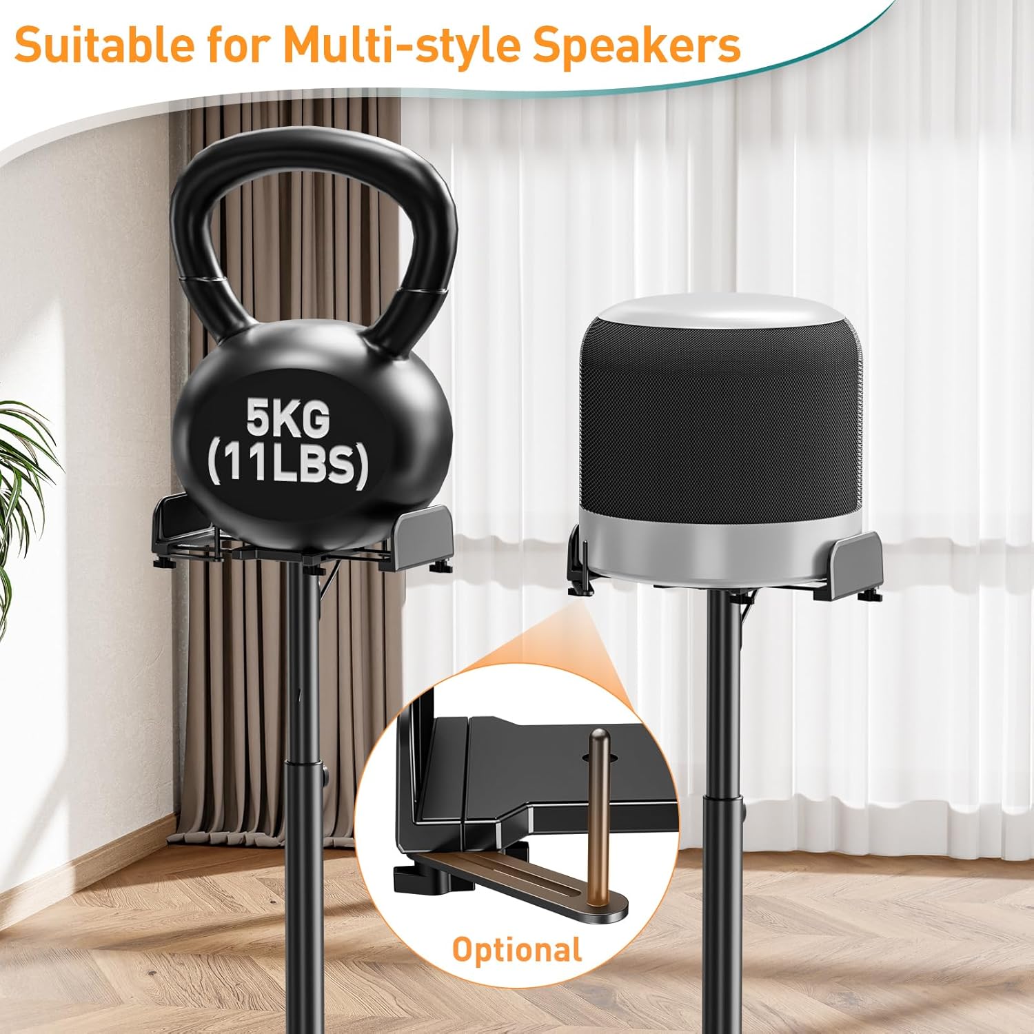 Detalle de ELIVED Adjustable Height Speaker Stands (EV5028) – 865–1100mm, 5kg, with Cable Management