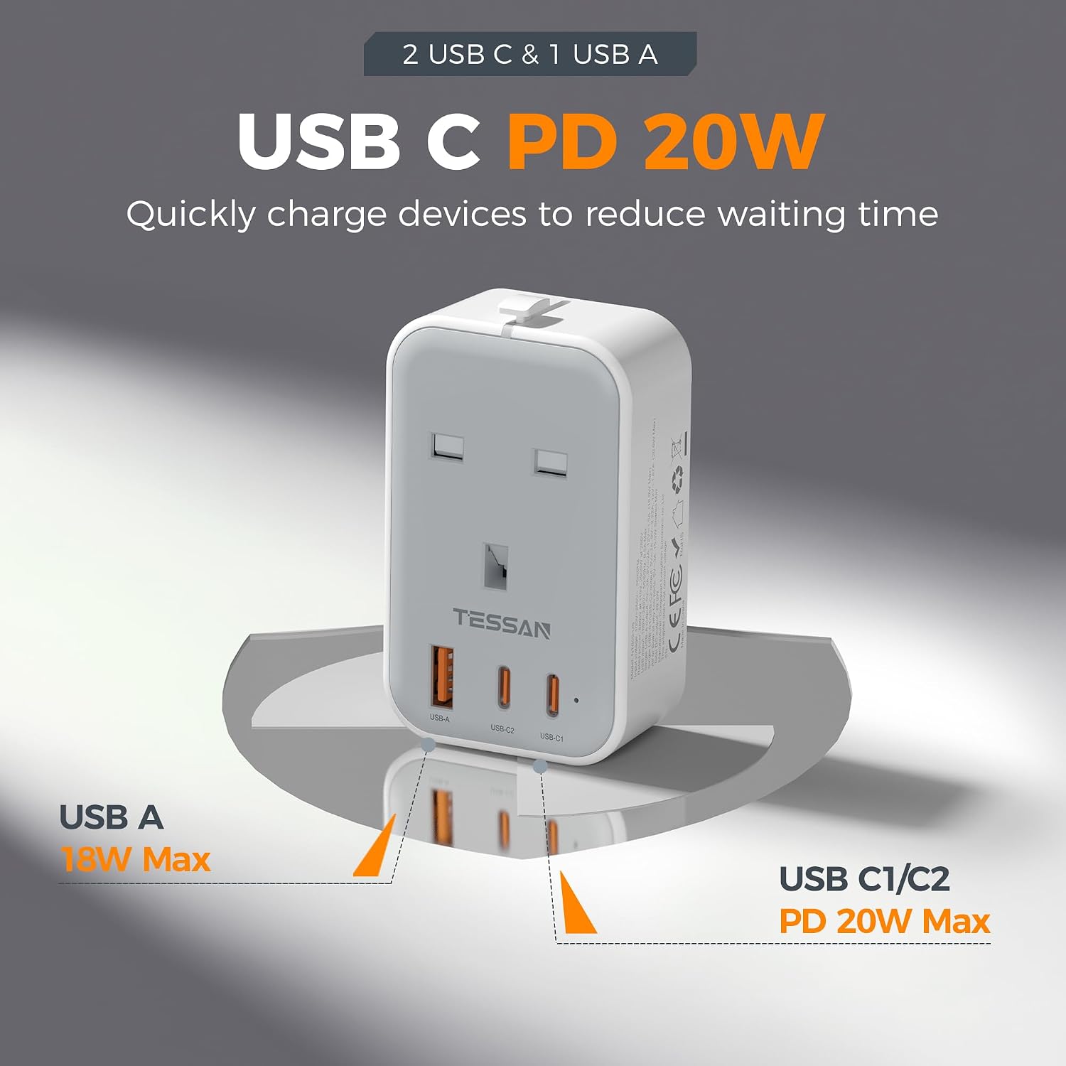 Detalle de TESSAN UK to Universal Travel Adapter 20W (Type C/G/A/I) with 2 USB‑C + 1 USB‑A