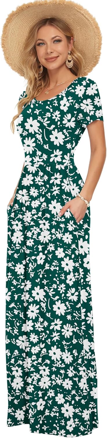 Detalle de AUSELILY Damen Kurzarm Sommer Casual Long Maxi Kleider mit Taschen