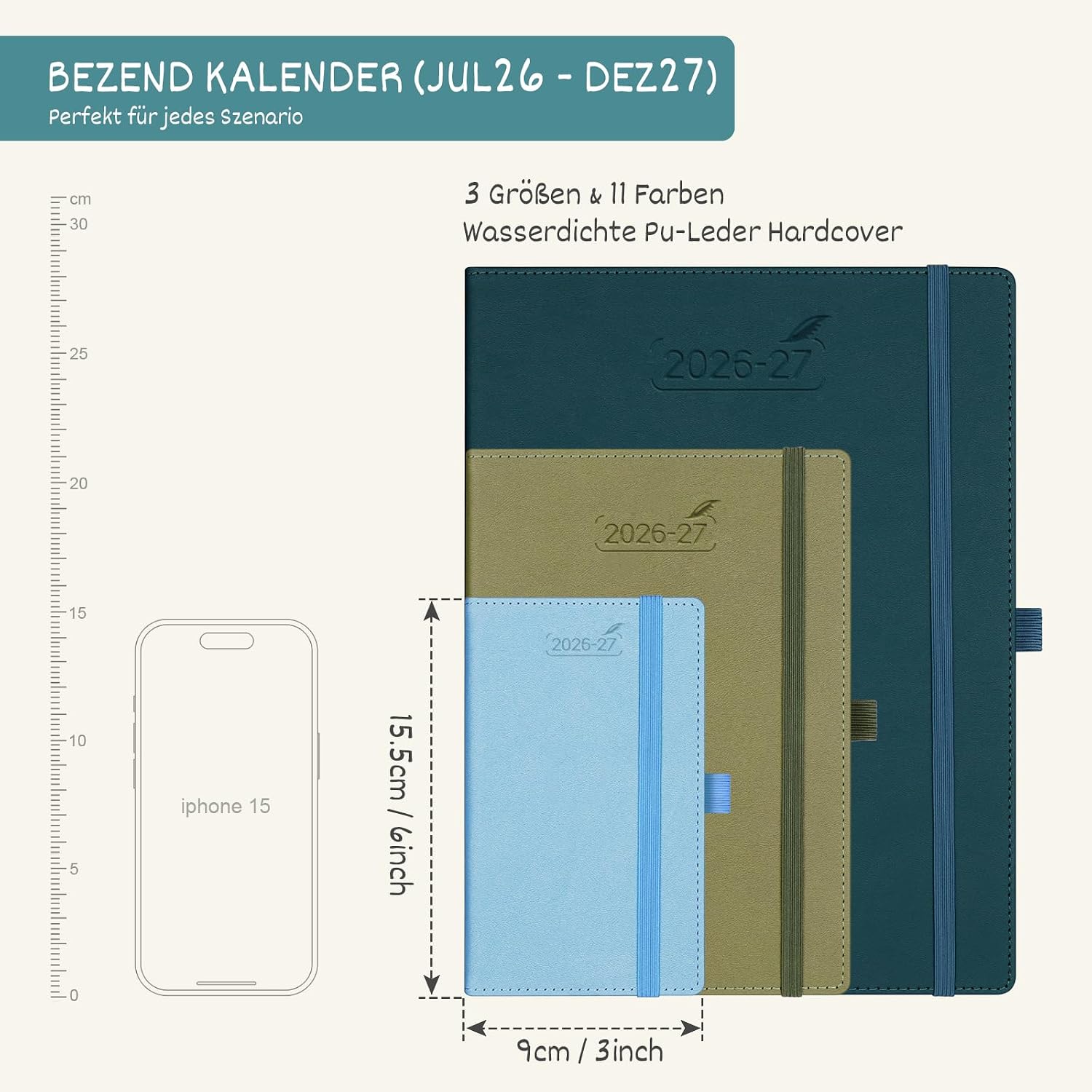 Detalle 2 de BEZEND Kalender 2026/2027 Klein Wochenplaner A6 – PU-Leder Hardcover Blaubeere