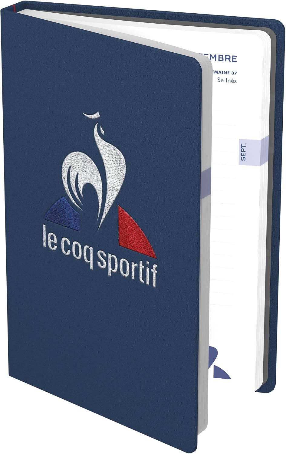 Detalle de LE COQ SPORTIF Agenda Scolaire 2026-2027 — Couverture en polyuréthane, logo brodé, 12x17 cm, décor bleu