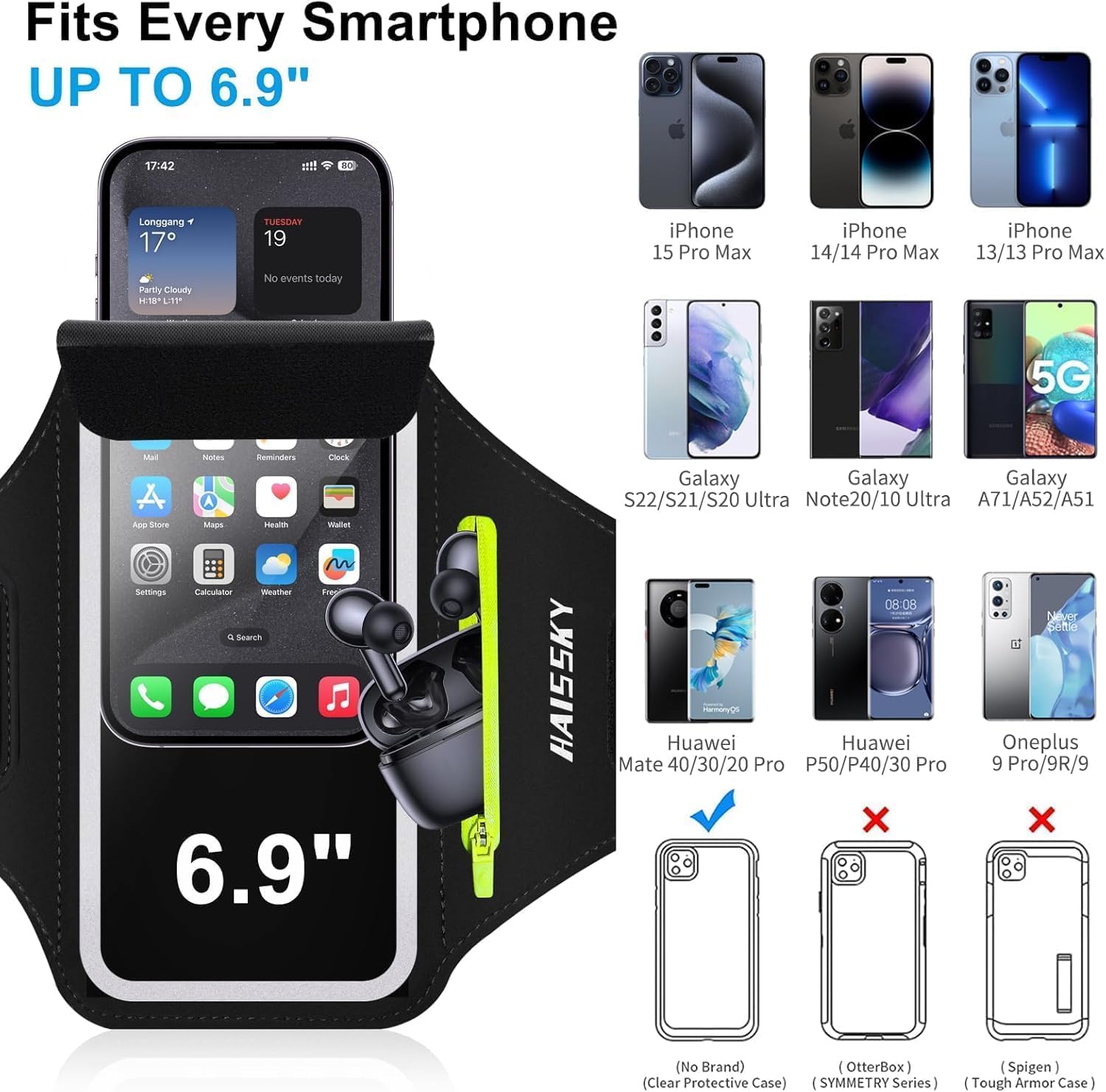Detalle de Handy Armband fürs Joggen mit Kopfhörer- und Kartenfach – Handyhalterung bis 6,9 Zoll