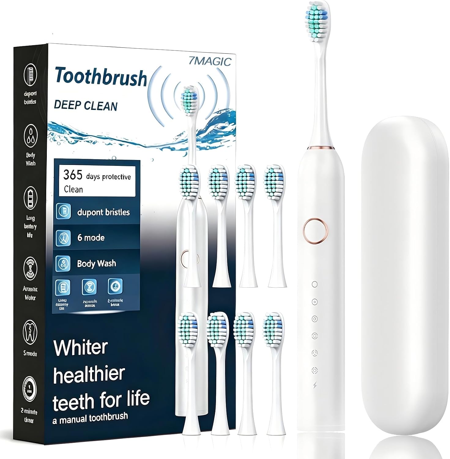 Detalle de 7MAGIC Sonic Electric Toothbrush: 40,000 VPM, 6 Modes, 8 Heads, IPX7 & 90-Day Battery