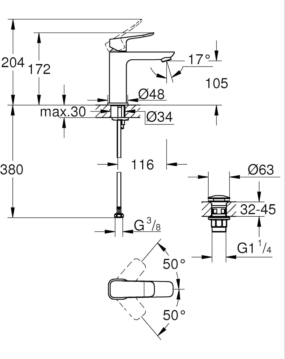 Thumbnail 2 de GROHE Dice – Mitigeur Lavabo Monocommande Noir Mat, Taille M, avec QuickTool (1018332430)