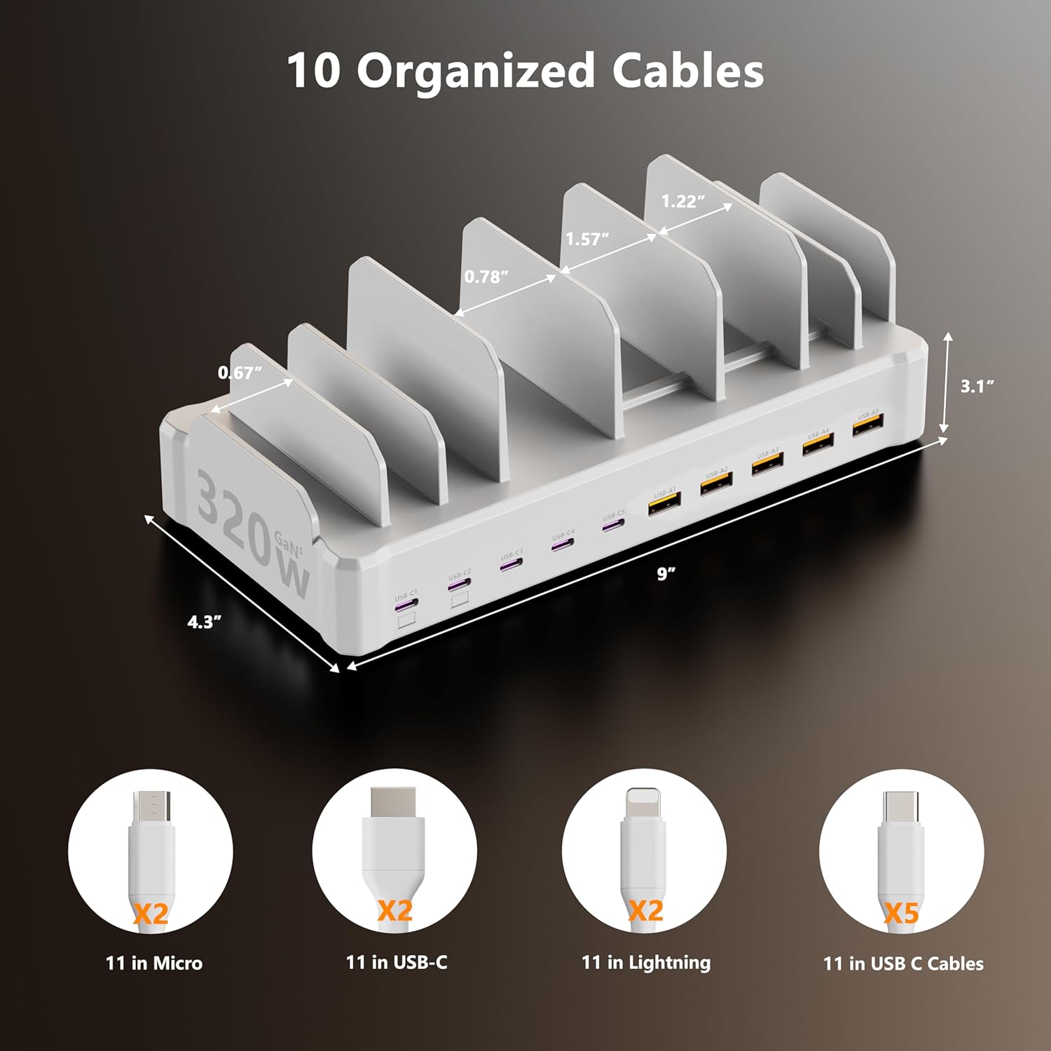 Detalle de 320W GaN 10-Port Charging Station with 10 Cables and Dual 65W PD