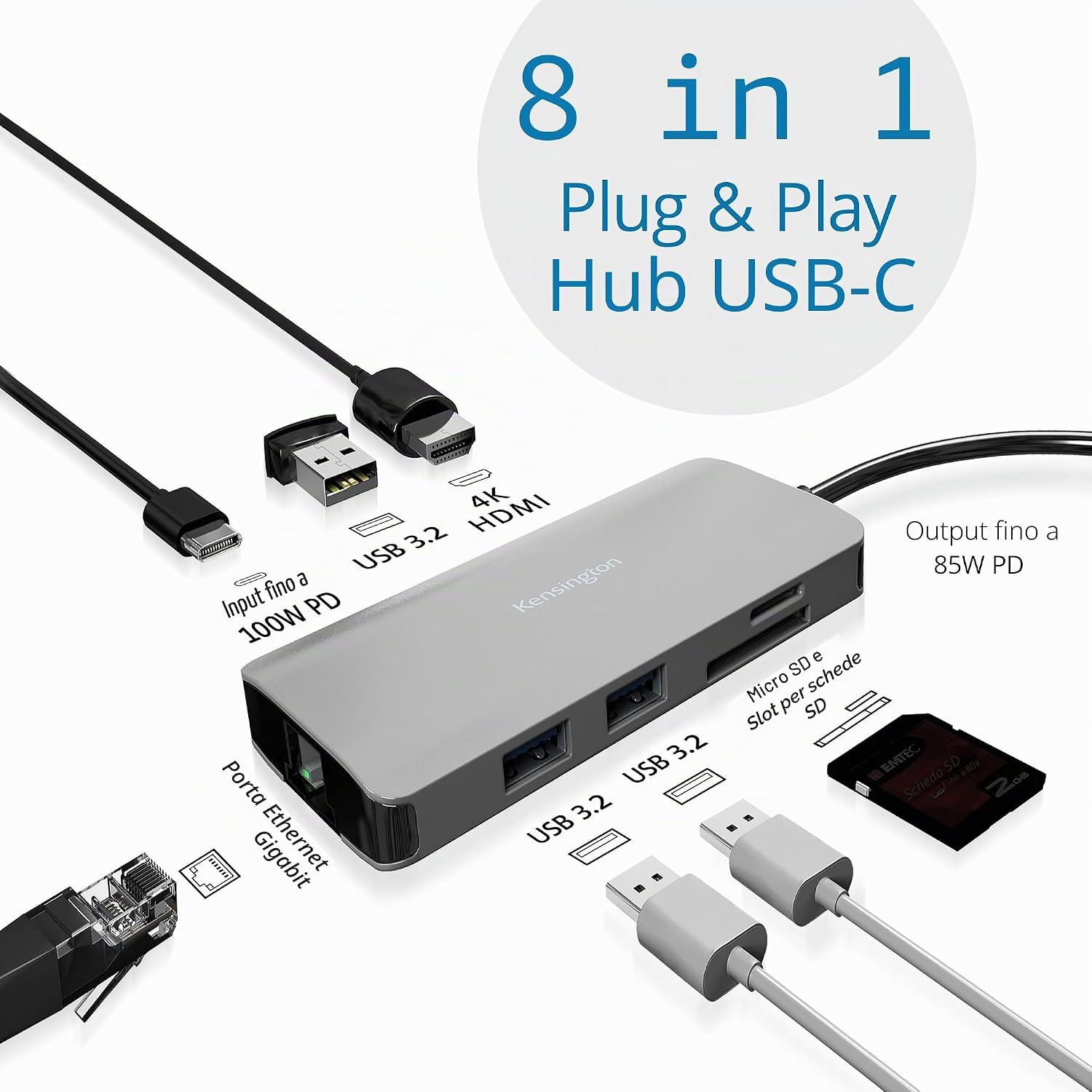 Detalle de Kensington UH1400P: Dock universale USB-C 8‑in‑1 driverless, 85 W, 4K60, SD/SDXC 3.0, USB‑A e USB‑C