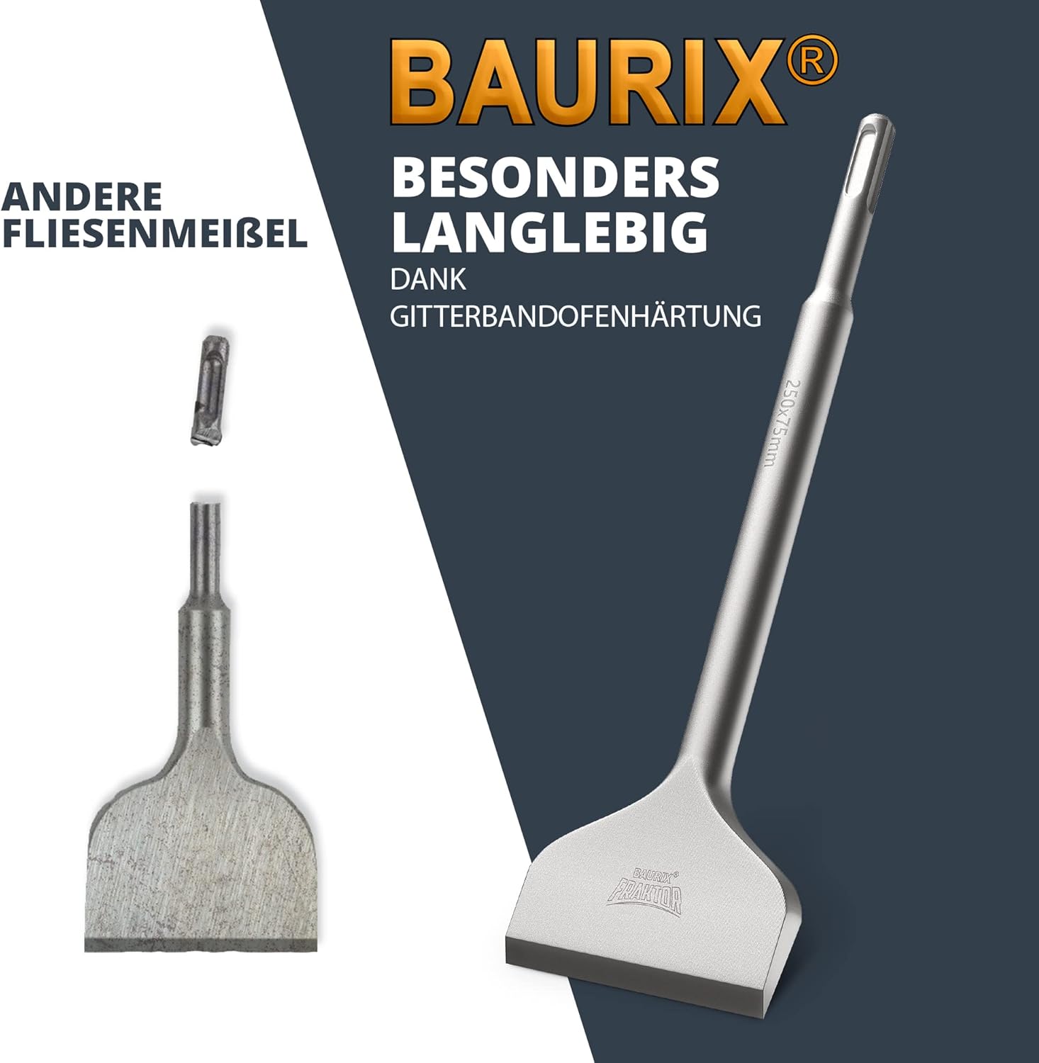 Thumbnail 2 de BAURIX Burin carrelage SDS Plus [250 x 75 mm] – FRAKTOR, acier 42CrMo, coupe ultra efficace