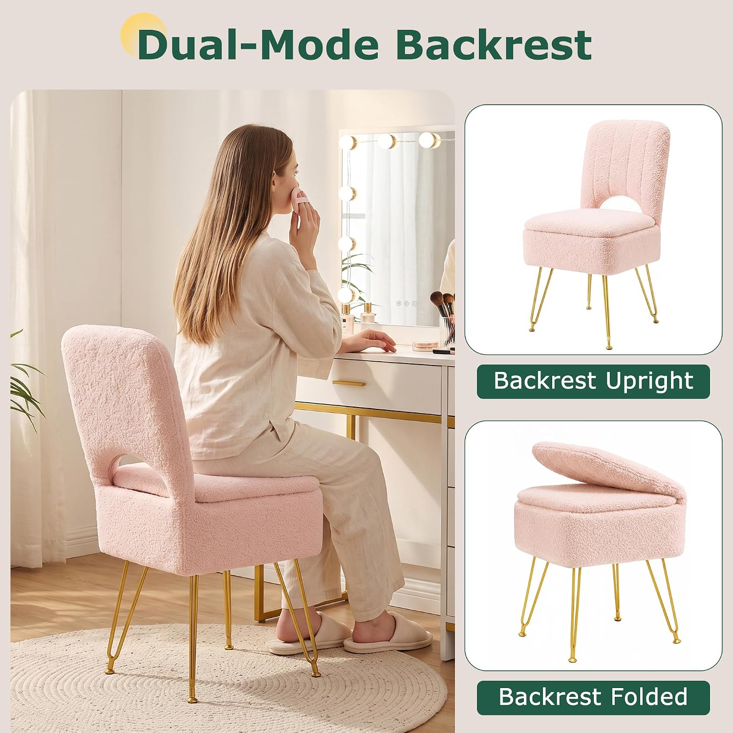 Detalle de VECELO Vanity Stool with Faux Fur