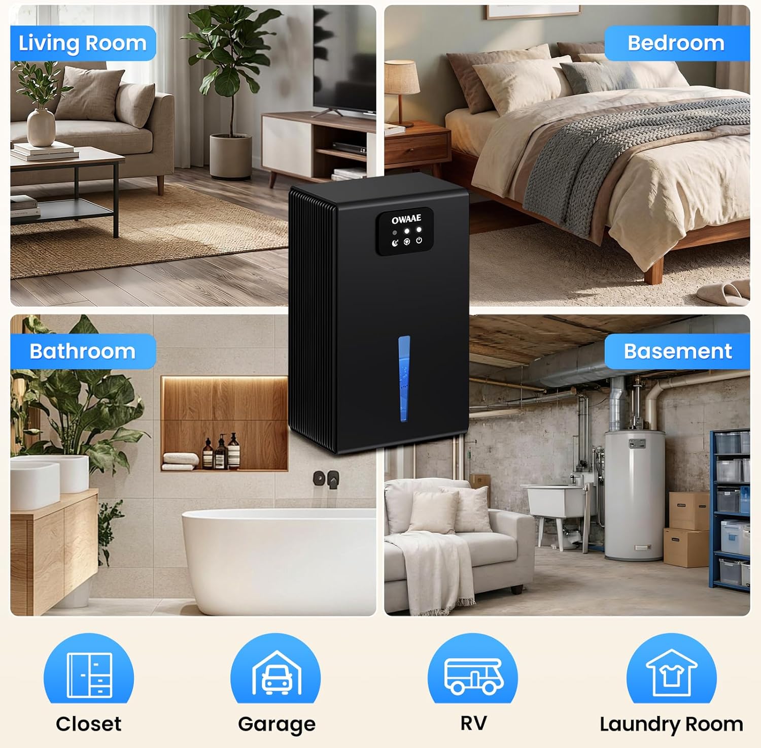 Thumbnail 6 de OWAAE Dehumidifier: 1000 sq.ft Quiet Moisture Control with 95oz Tank, Sleep Mode, Auto Shut-Off, and 7-Color LED Light