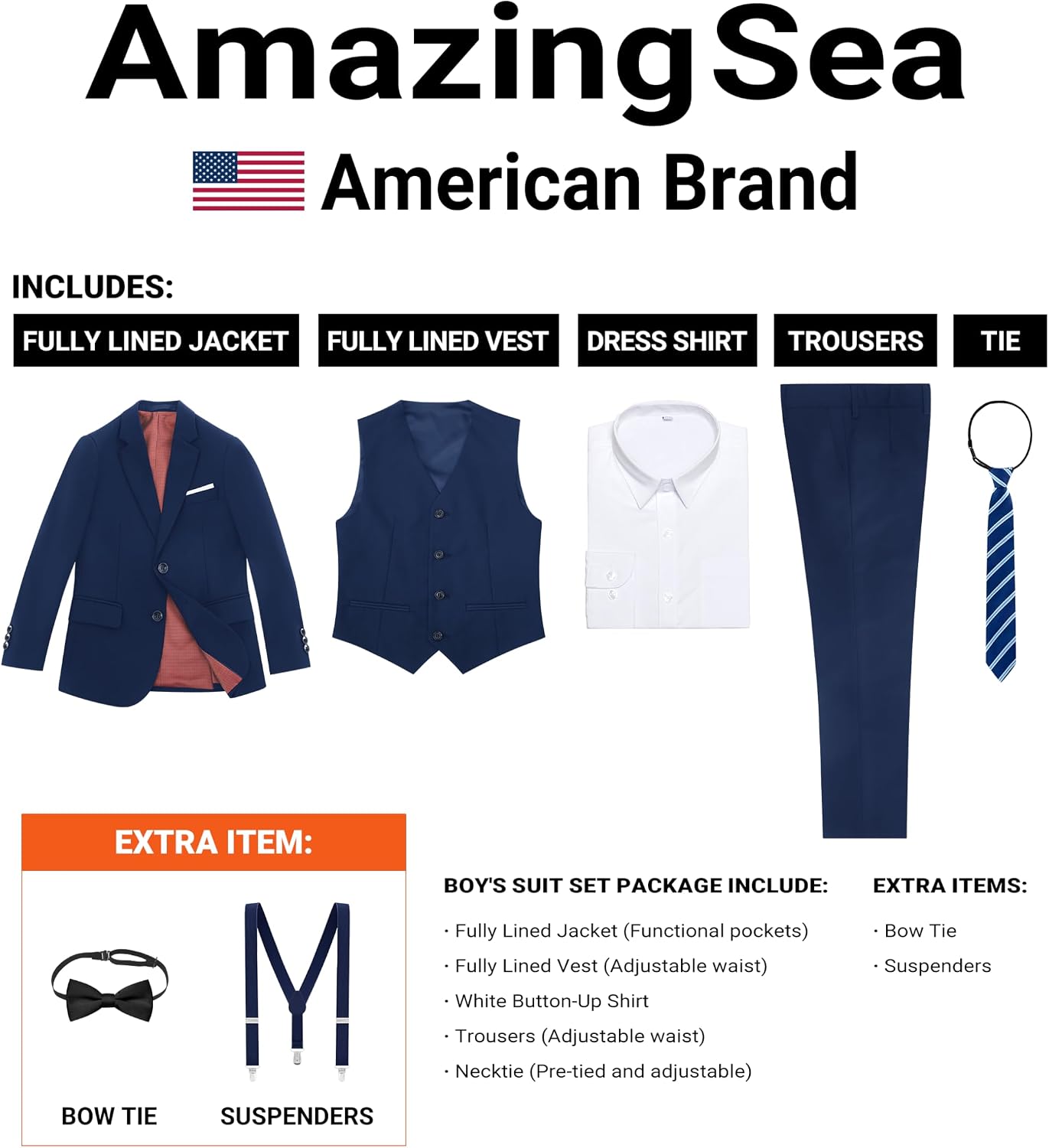Detalle de AmazingSea Boys Formal Suit Set: 7-Piece Essentials with Adjustable Waist & Suspenders