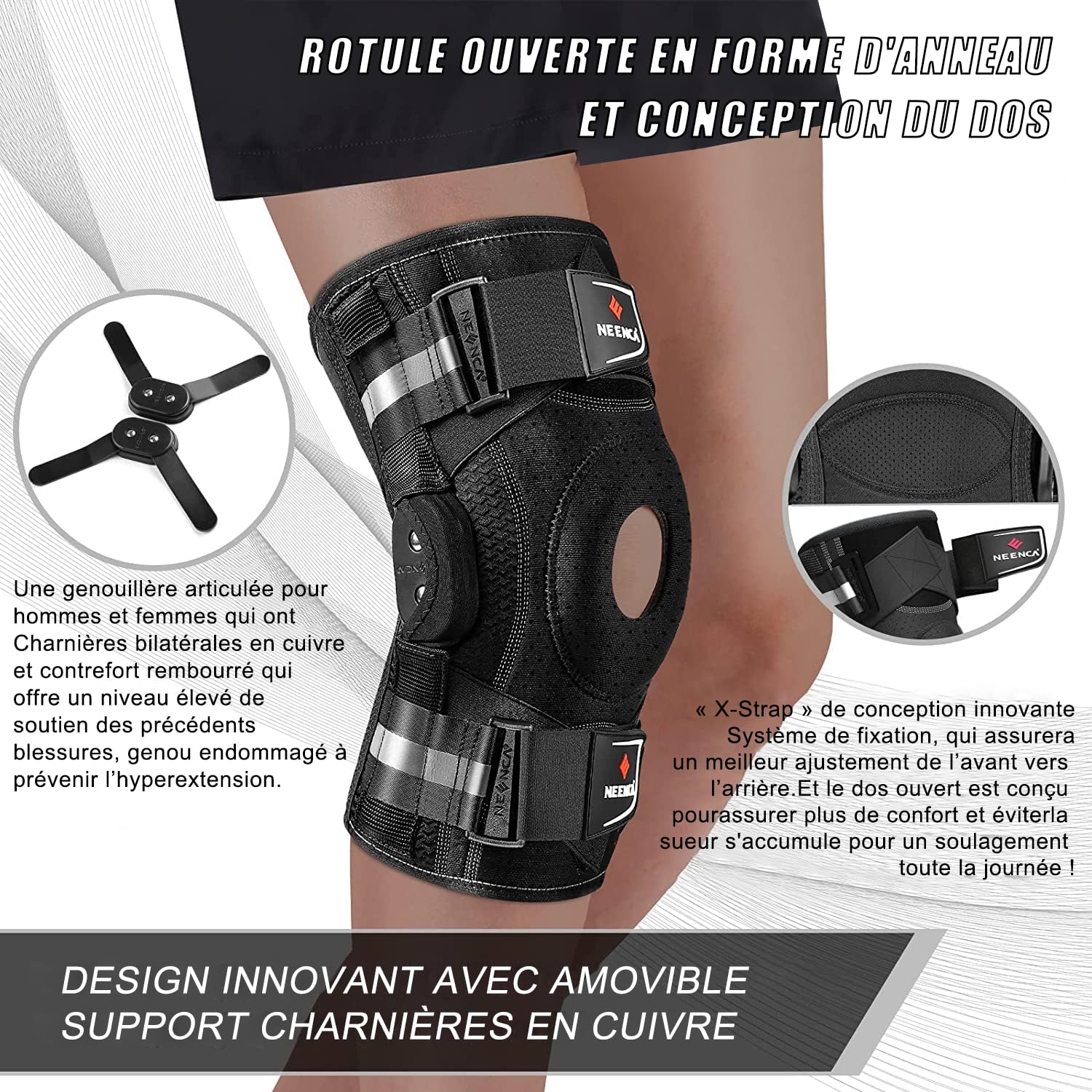 Detalle de NEENCA Professional Knee Brace with Adjustable Hinged Support and Patented X-Strap System