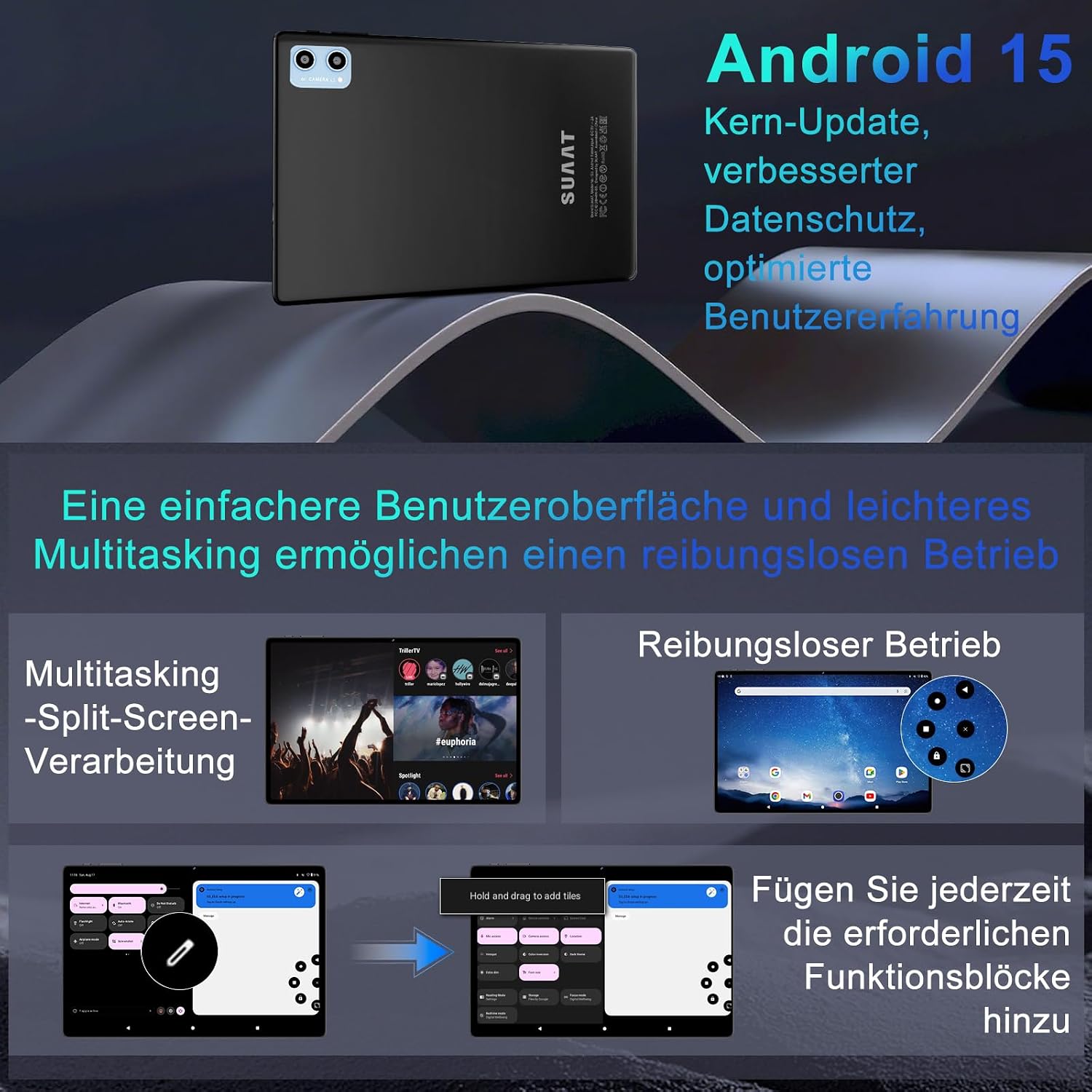 Detalle de SUAAT 2026 Tablet Android 10 Zoll – Octa Core, 64 GB ROM, 2 TB Erweiterung, 5G/2,4G WLAN, GMS, Bluetooth 5.0, 8 MP + 5 MP, inklusive Hülle, Tastatur und Maus (Schwarz)