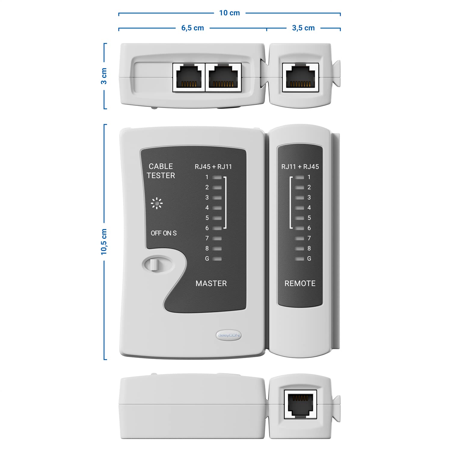 Detalle de deleyCON Netzwerk Kabeltester MK4226 – RJ11/RJ12/RJ45, CAT6/7/8, Grau