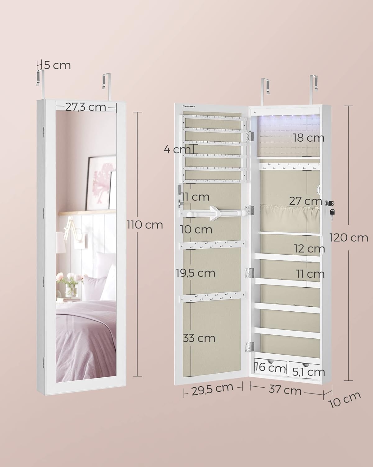 Detalle de SONGMICS JJC093W01 joyero de espejo 120 cm
