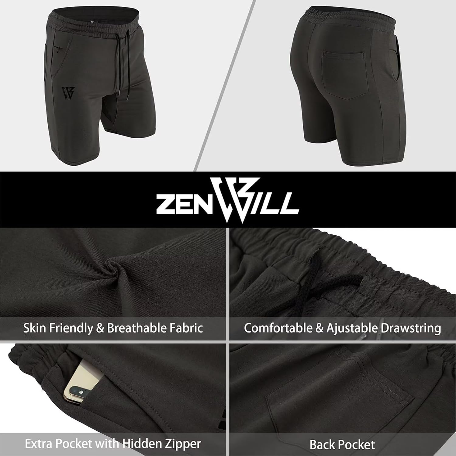 Thumbnail 5 de ZENWILL Mens Cotton Gym Shorts with Zip Pockets (Running, Workout & Tennis)