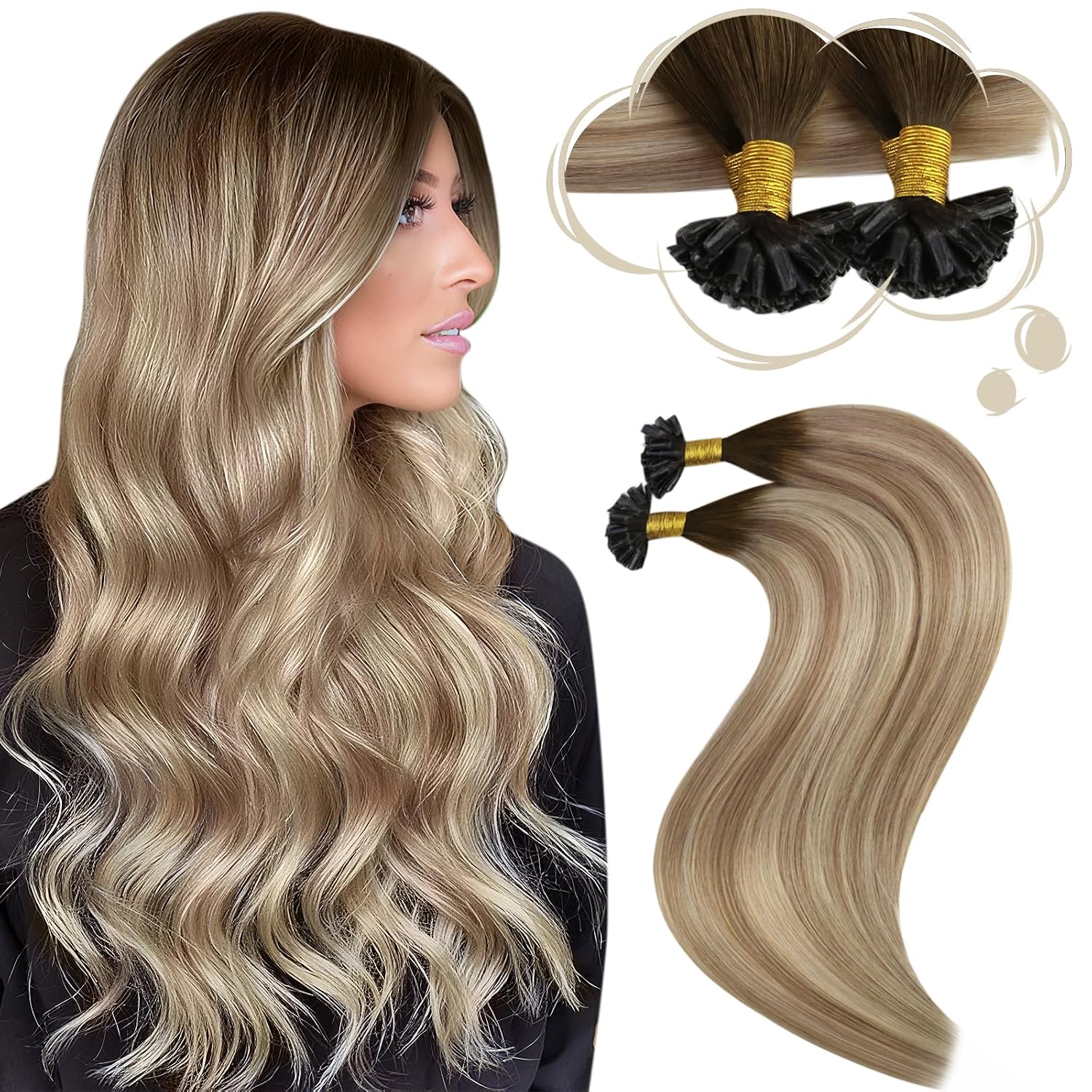 Detalle de Moresoo Echthaar Bondings – Keratin U tipi Extensions, Braun Ombre Blond, 55 cm, 50 g