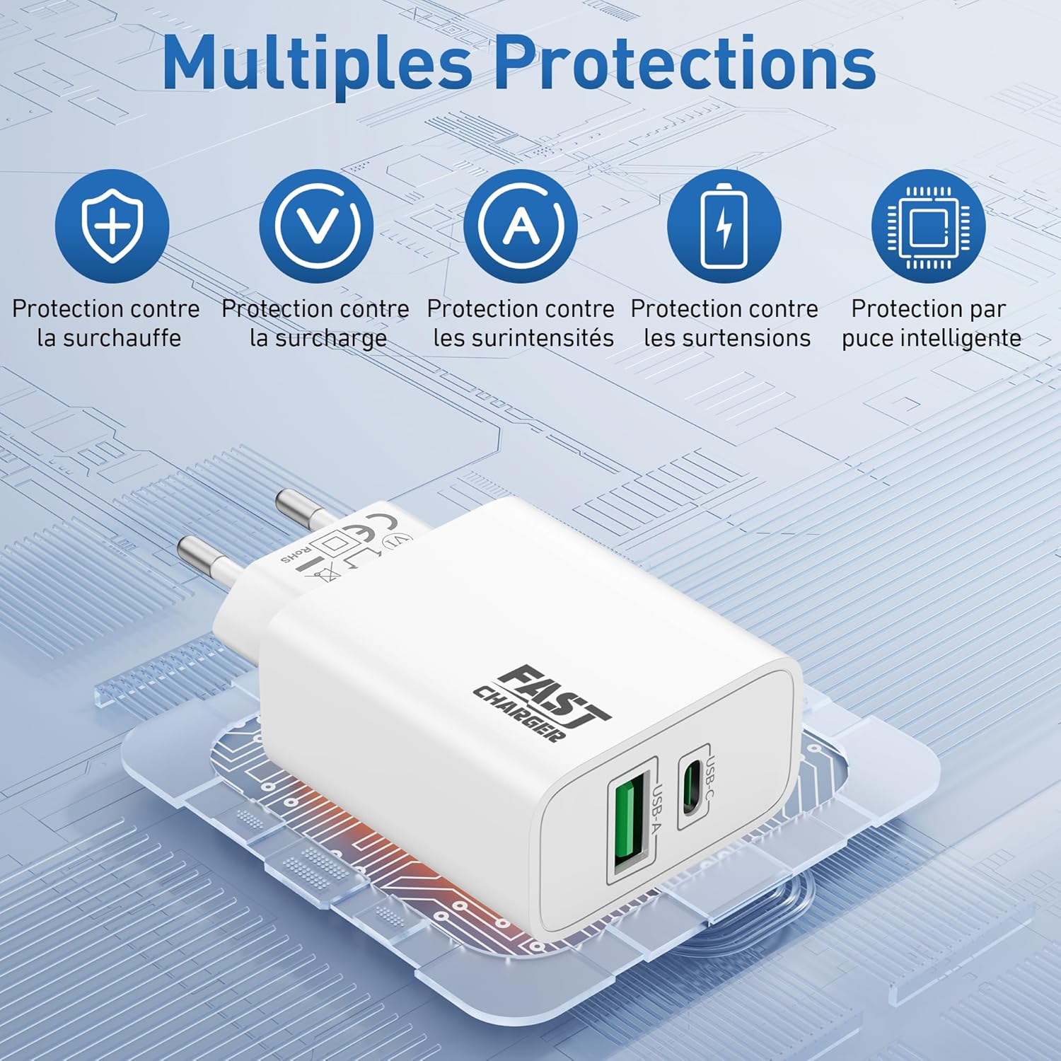 Thumbnail 2 de Chargeur USB-C 45W à 2 ports (USB-C/A) pour Google Pixel et autres compatibles – Câble 2 m inclus