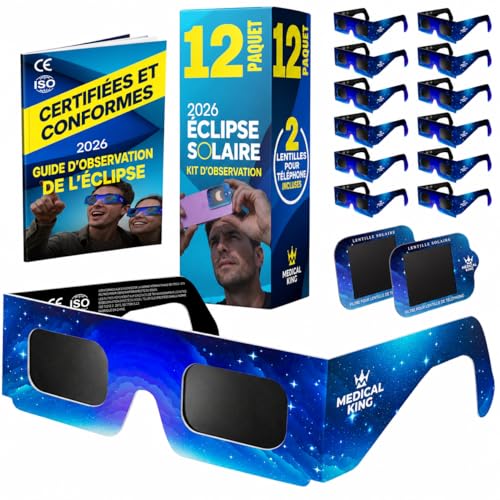 Detalle de Lunettes Eclipse Solaire 2026 – Lot de 12 Paires Premium avec 2 Filtres Solaires pour Smartphone | ISO 12312-2, CE