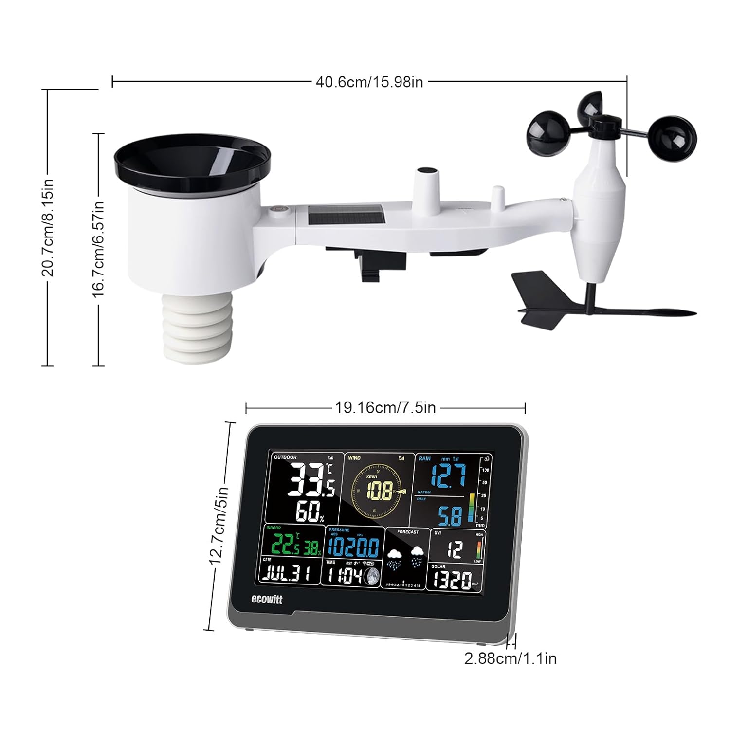 Thumbnail 2 de Ecowitt WS3900 Station météo Wi-Fi 7 en 1 + Console intérieure 7,5" LCD couleur