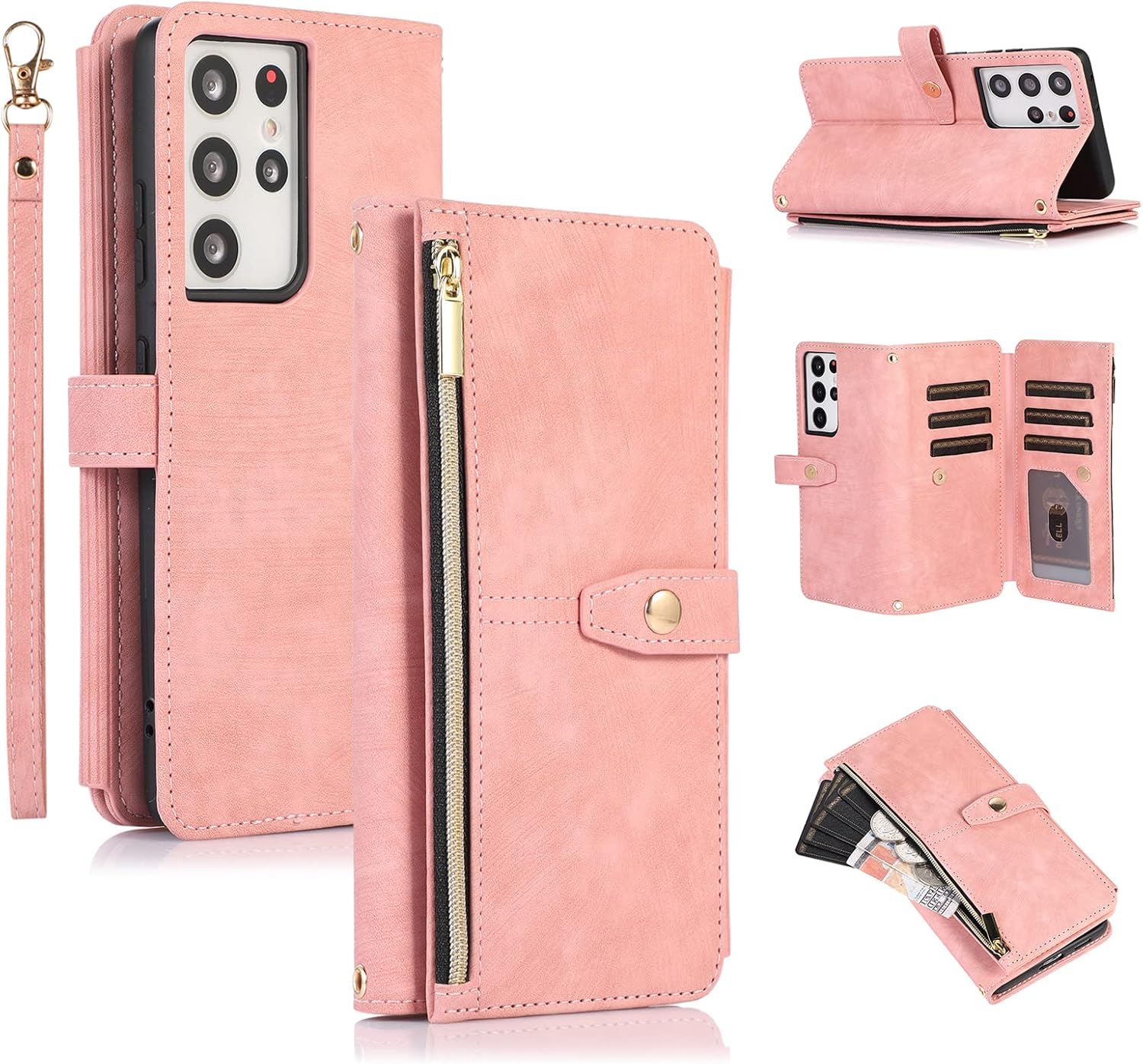 Detalle de UEEBAI Wallet-Hülle für Samsung Galaxy S23 Ultra – Vintage Retro Leder mit 9 Kartenfächern, Umhängegurt, Standfunktion und Reißverschluss in Rosa