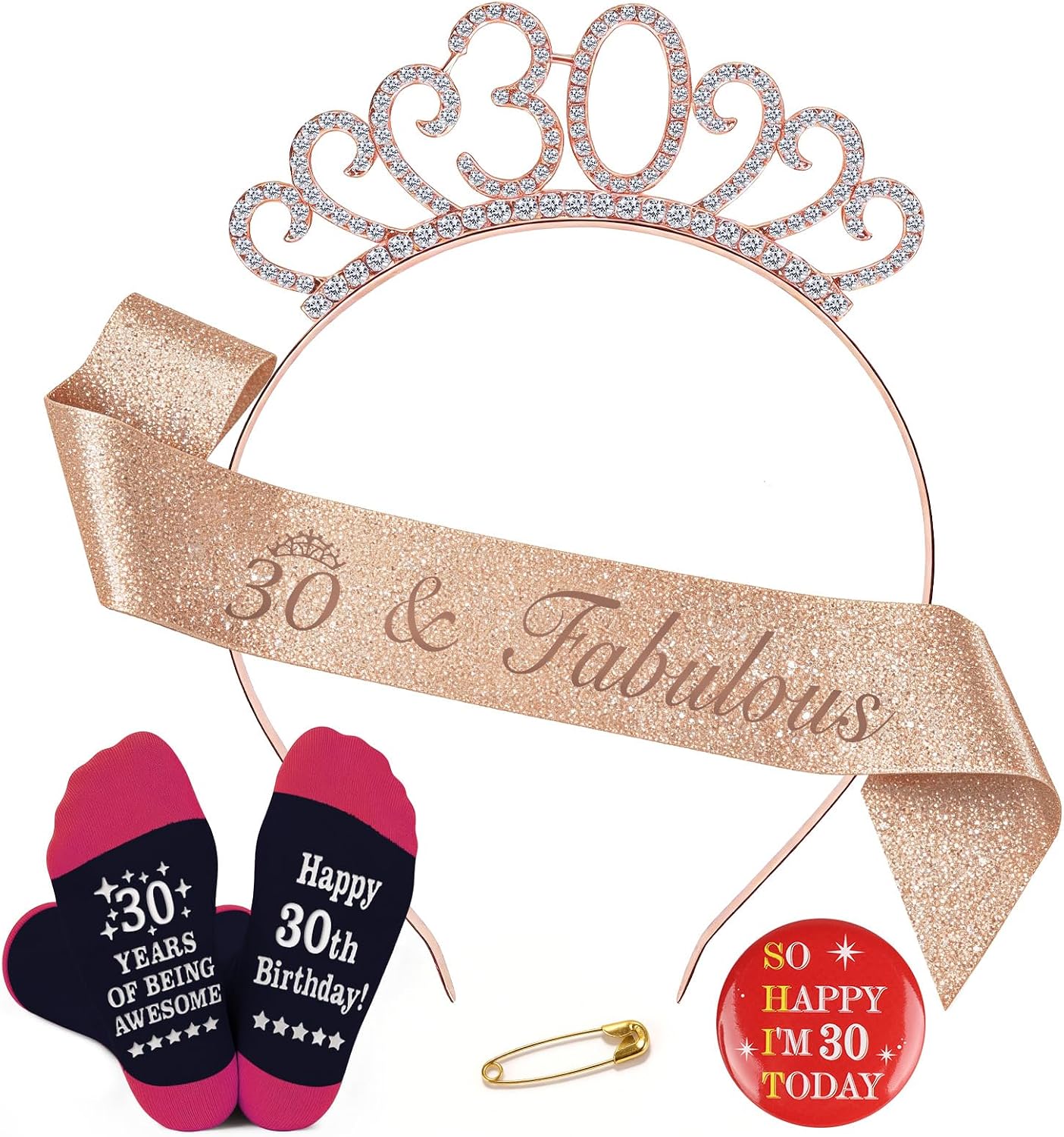 TUZELIYA 30th Birthday Gifts Set for Women: Sash, Crystal Tiara Crown, Socks and Badges