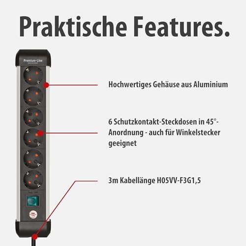 Thumbnail 2 de Brennenstuhl Premium-Alu-Line Steckdosenleiste 6-fach, 3 m – Aluminiumgehäuse, Wand- oder Tischmontage