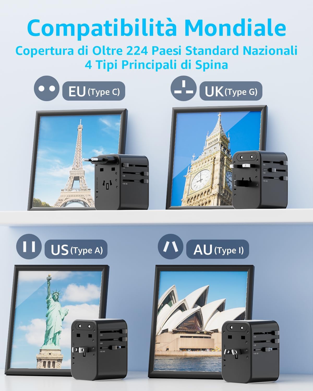Thumbnail 6 de Decqle Adattatore Universale da Viaggio con 2 USB-C, 1 USB-A e 1 presa AC, 224+ paesi