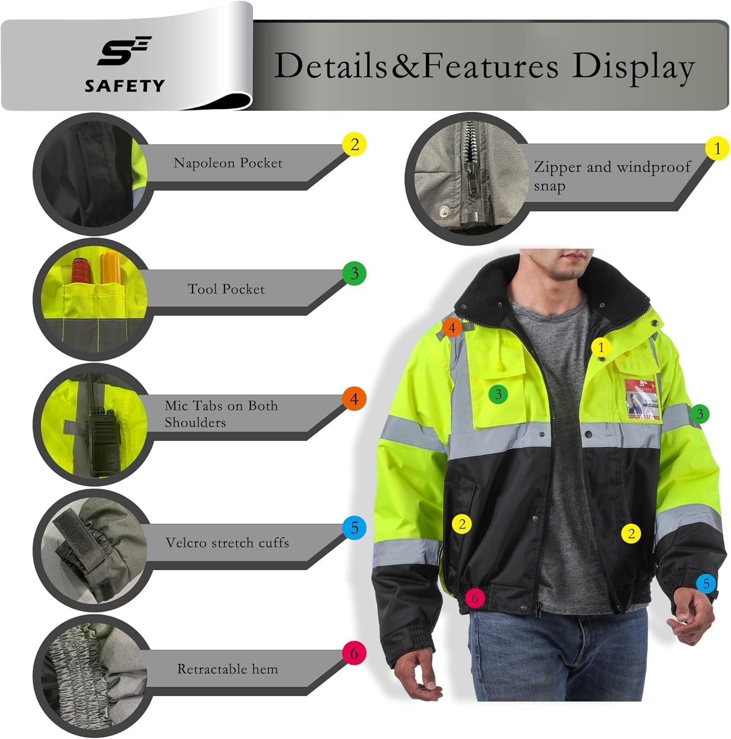 Detalle de sesafety Class 3 Hi-Vis Bomber Jacket, Waterproof 300D Oxford with Fleece Lining