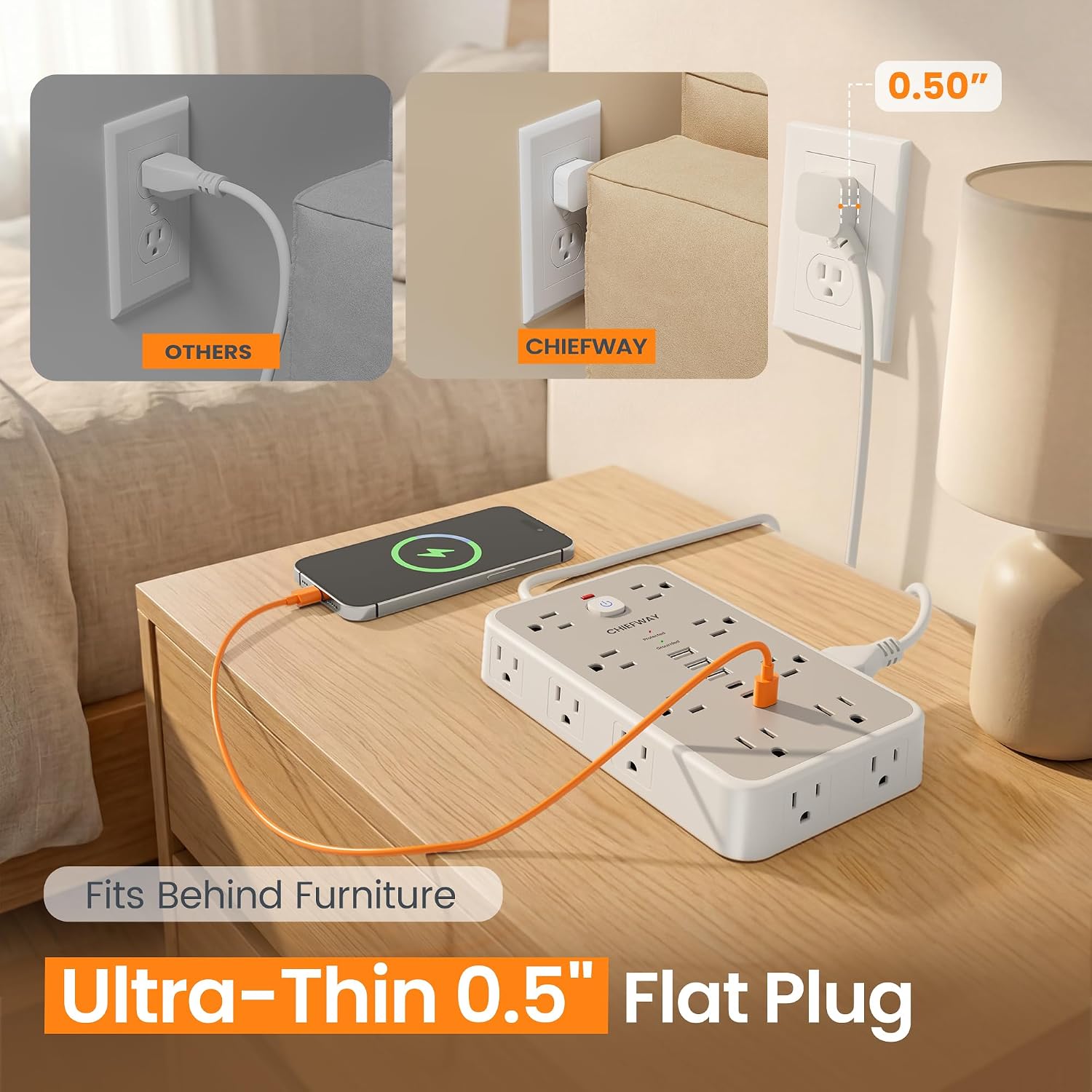 Detalle de Surge Protector Power Strip with 6 USB Ports and 16 Outlets — 6ft Flat Plug, 2400J