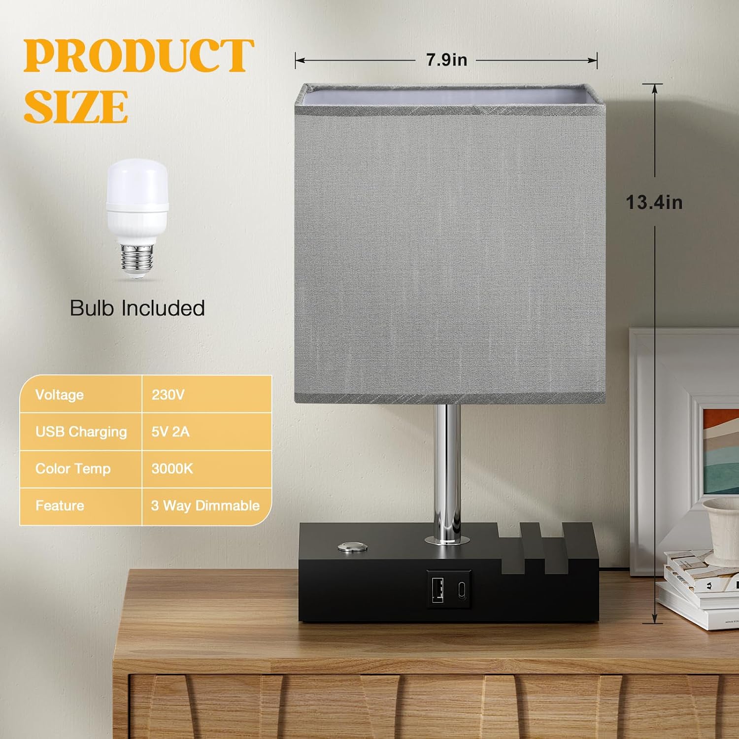 Thumbnail 6 de PreeOtti Grey Touch Lamp with USB Charging Station – Table Lamp with 2 USB Ports
