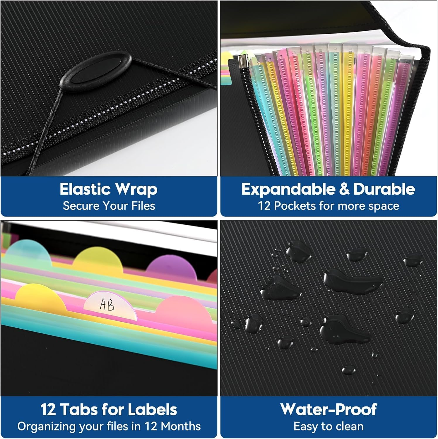 Thumbnail 4 de 13 Pockets File Organiser Accordion Expanding Folder with 12 Tabs for A4 Documents (Black)