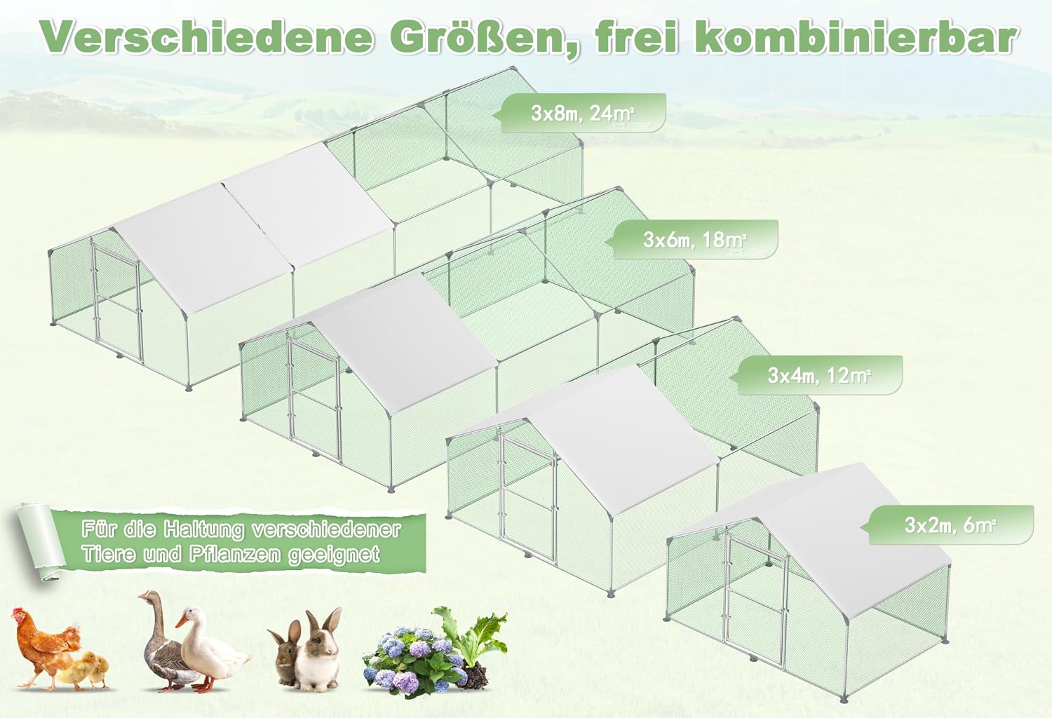 Detalle de LZQ LZQ-HAG8344A kippenren 3 x 2 x 2 m met verzinkt staal en PE-dak