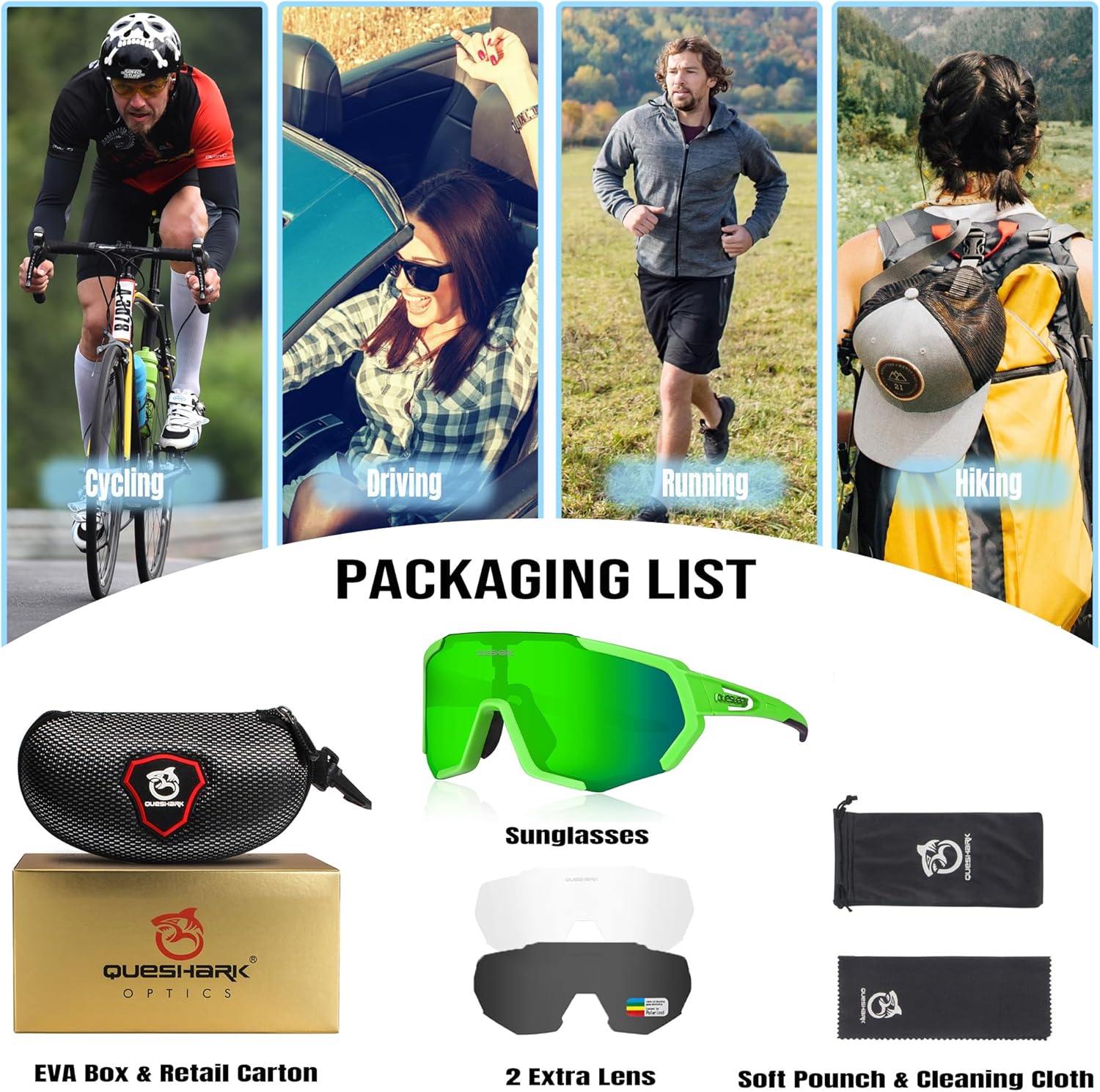 Thumbnail 4 de Queshark Occhiali da Ciclismo Polarizzati con Lenti Intercambiabili TR90 – Unisex