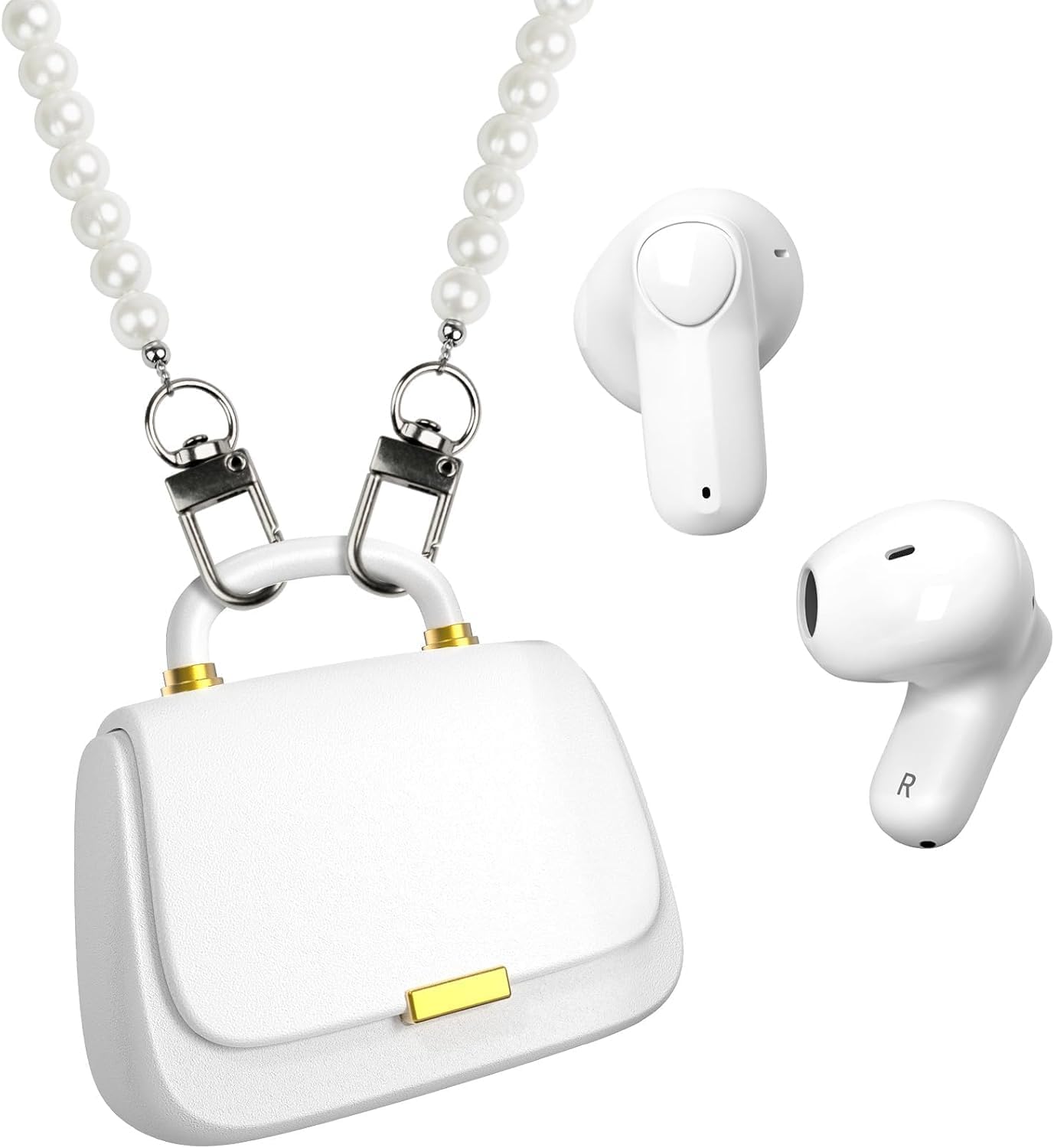 Detalle de ANCwear Pearl White Wireless Earbuds for Women and Teens – Clean Girl Aesthetic with Handbag Case