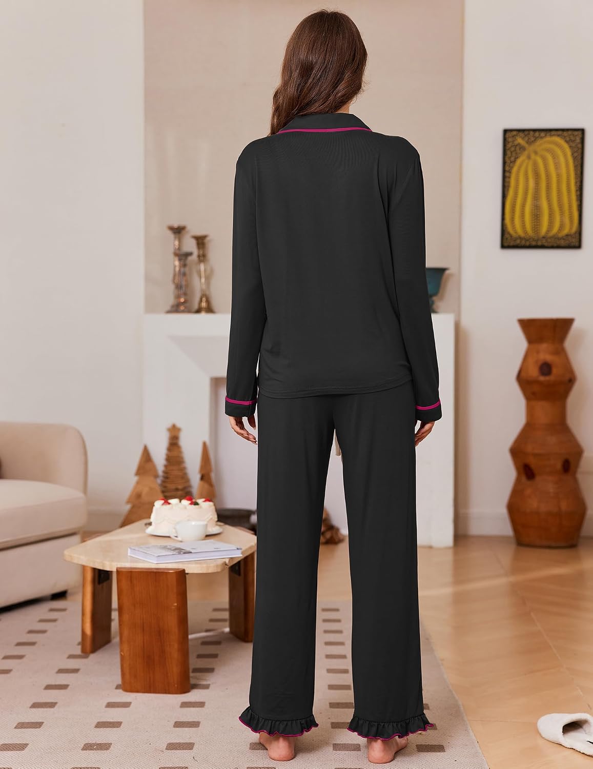 Detalle 1 de Ekouaer Women's Long Sleeve Pajama Set with Button-Down Top and Ruffle-Hem Pants