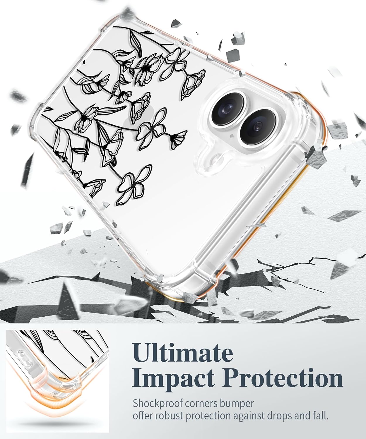 Detalle de GVIEWIN iPhone 17 Floral Clear Case, Slim Profile with Screen & Camera Protectors