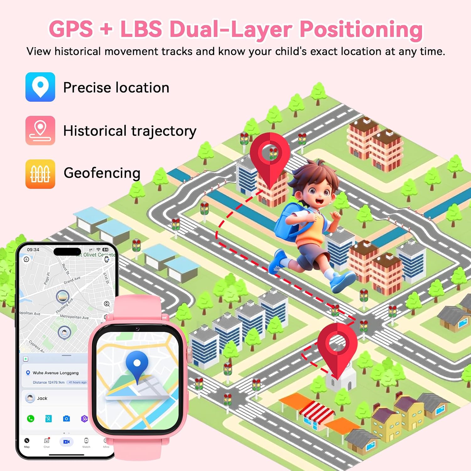 Detalle de 4G Kids Smart Watch Phone GPS with Video Calling, Class Mode, and SOS — Pink