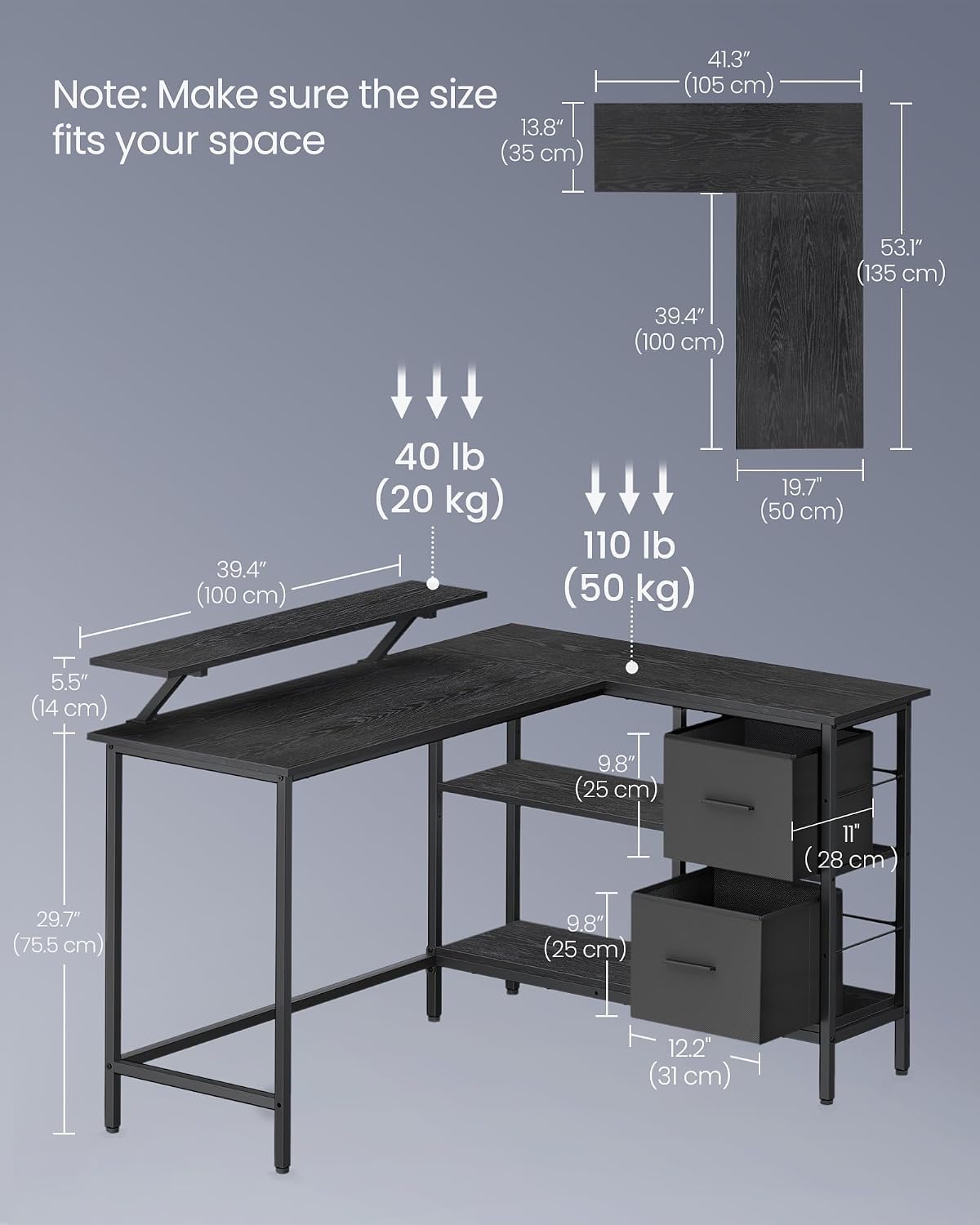 Thumbnail 1 de VASAGLE BARNET LWD098B56 L-Shaped Computer Desk with Drawers and Monitor Stand