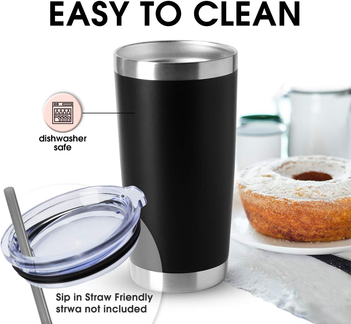 Detalle de HASLE OUTFITTERS 20oz Tumbler Set (8-Pack) Bulk Stainless Steel, Double Wall Vacuum Insulated with BPA-Free Lid